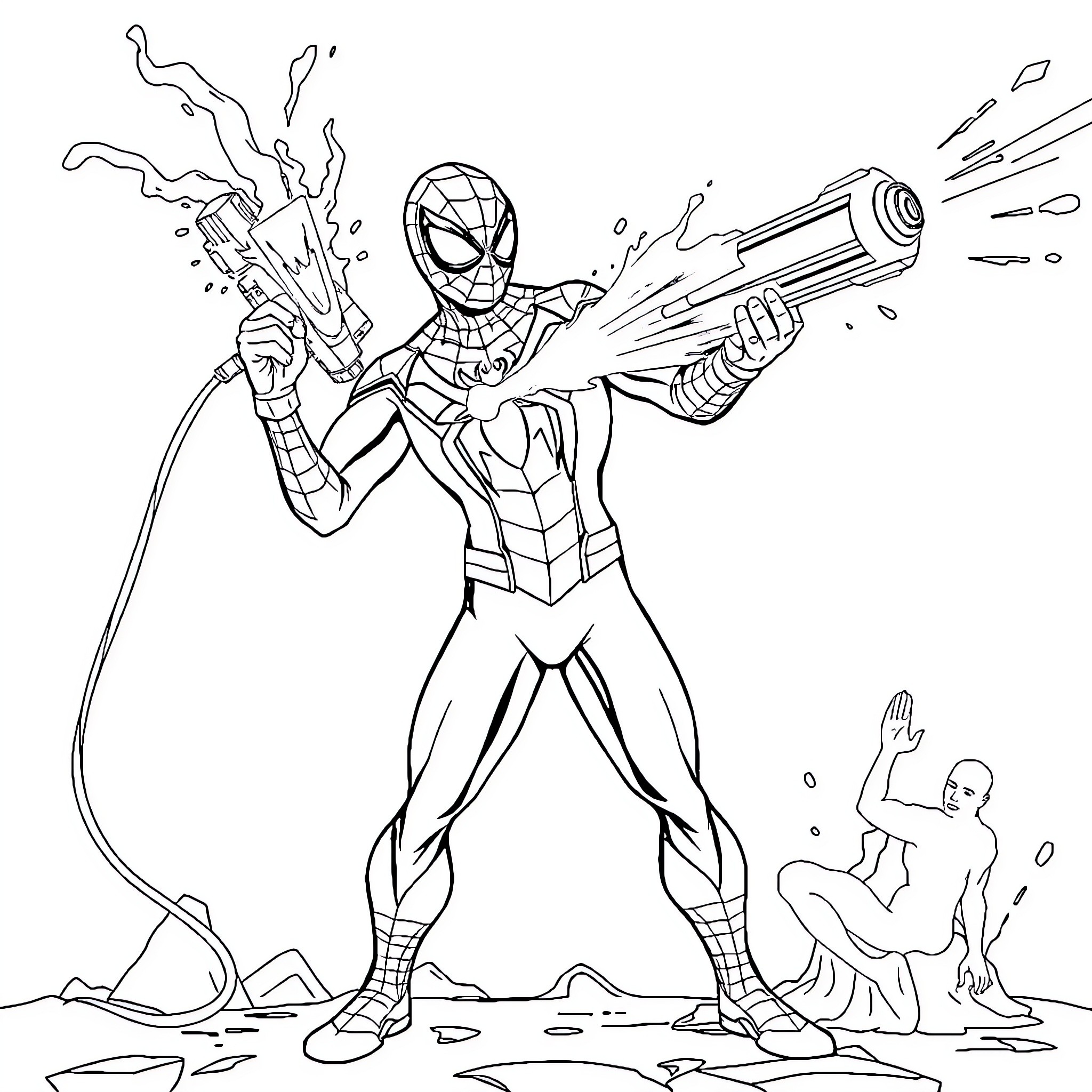 Spiderman fighting villains with webslinging powers Coloring Page (free black-and-white line drawing printable PDF for all, from beginners to advanced learners, including children, teens, adults, and seniors)