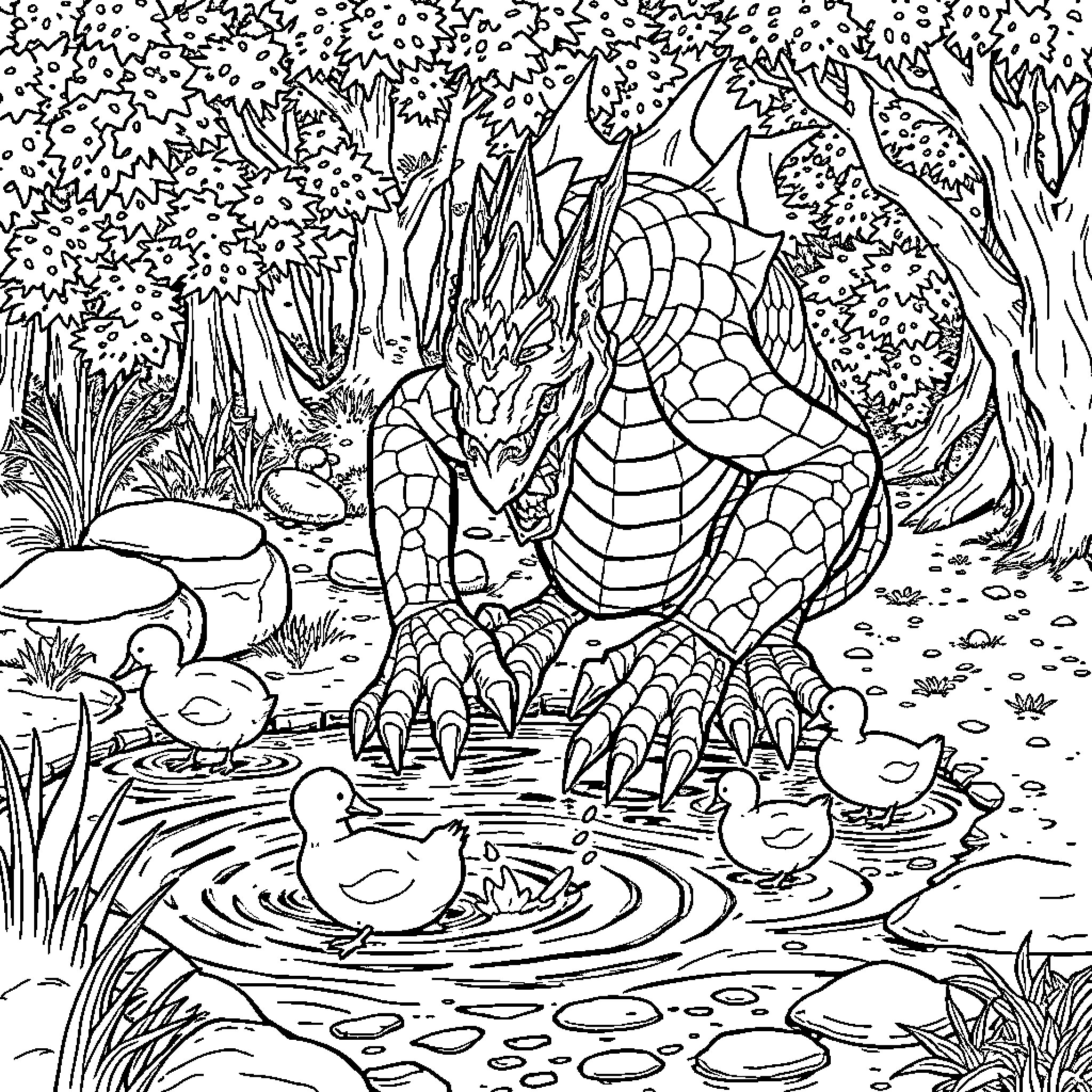 Demogorgon encounters ducklings in the enchanted forest Coloring Page (free black-and-white line drawing printable PDF for all, from beginners to advanced learners, including children, teens, adults, and seniors)