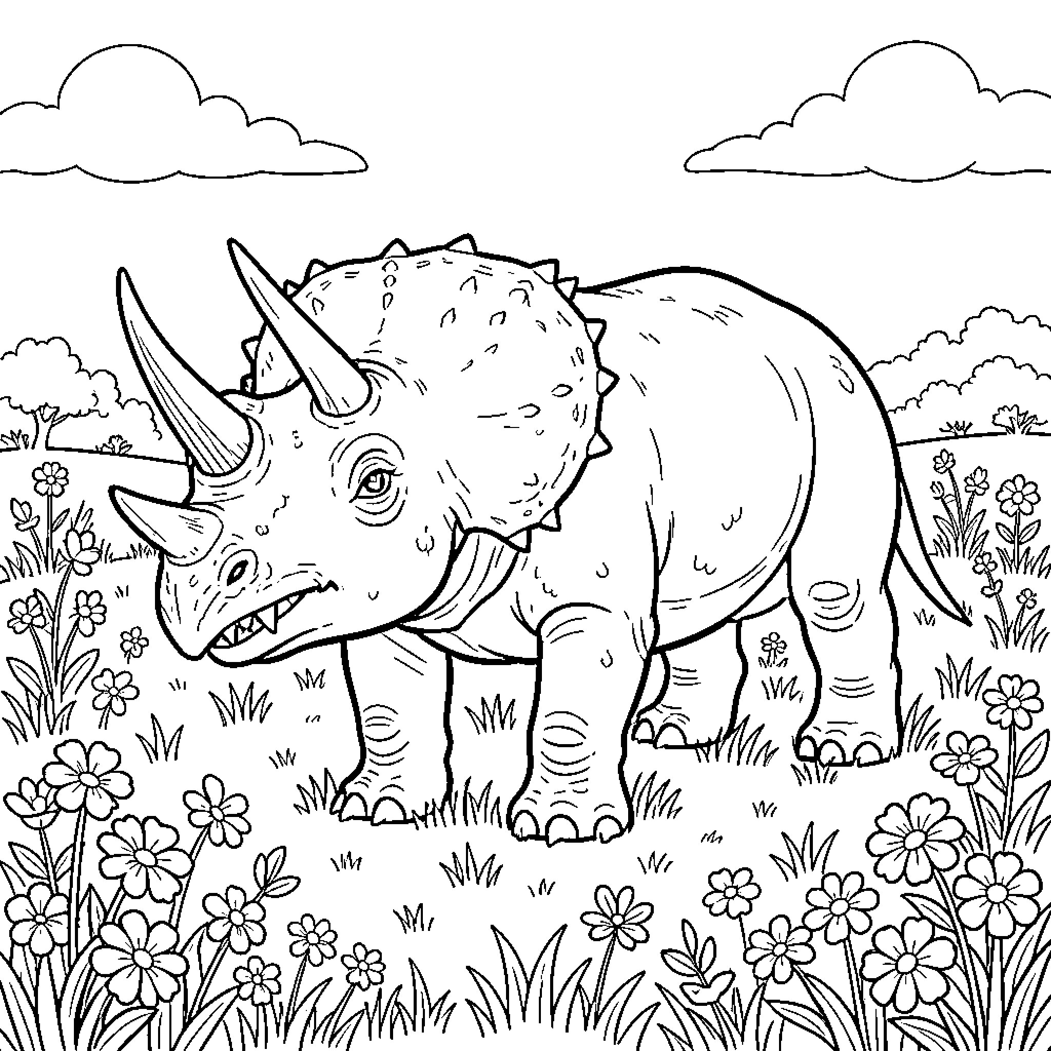 Triceratops standing amidst a field of flowers Coloring Page (free black-and-white line drawing printable PDF for all, from beginners to advanced learners, including children, teens, adults, and seniors)