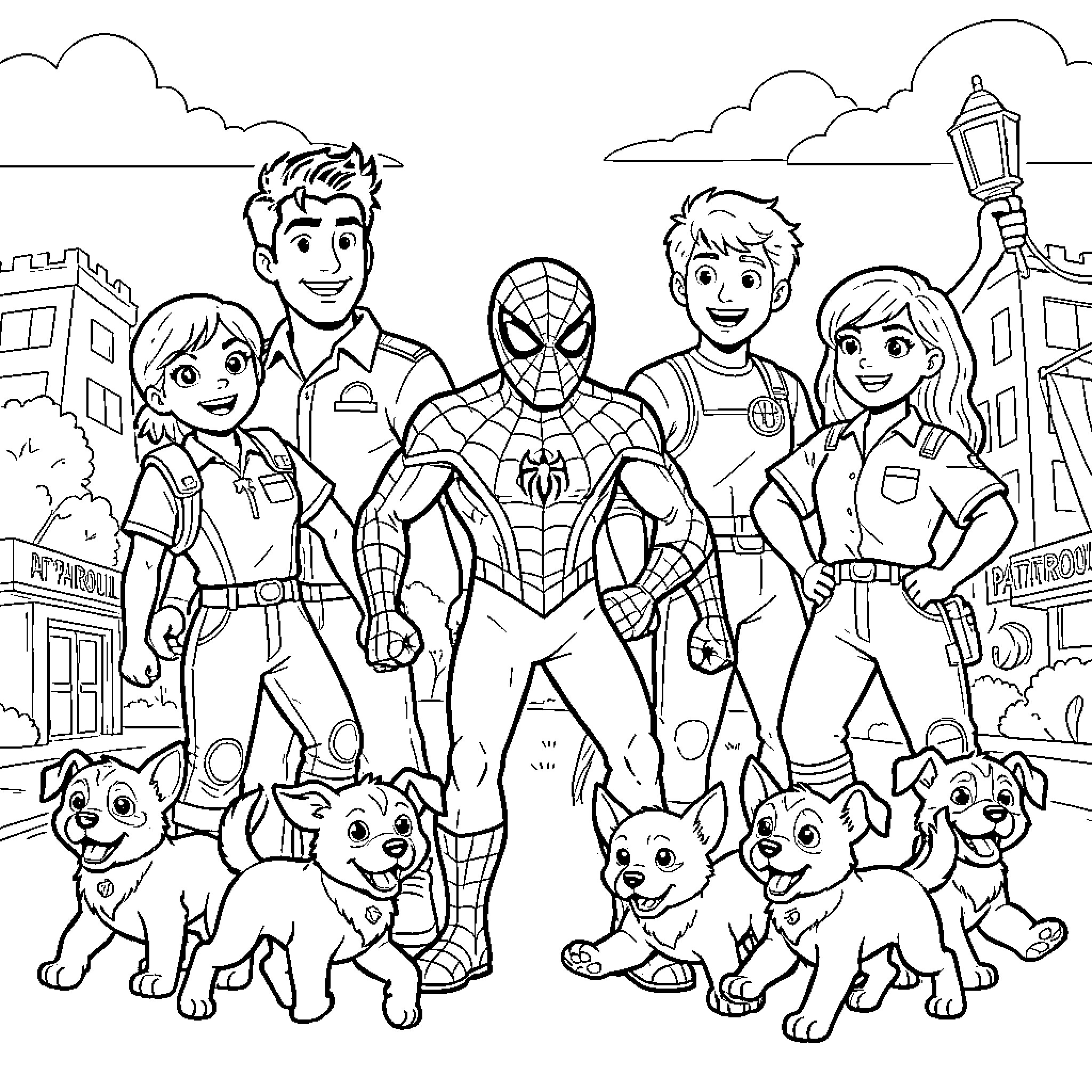 Spiderman with family and friends on a city street Coloring Page (free black-and-white line drawing printable PDF for all, from beginners to advanced learners, including children, teens, adults, and seniors)