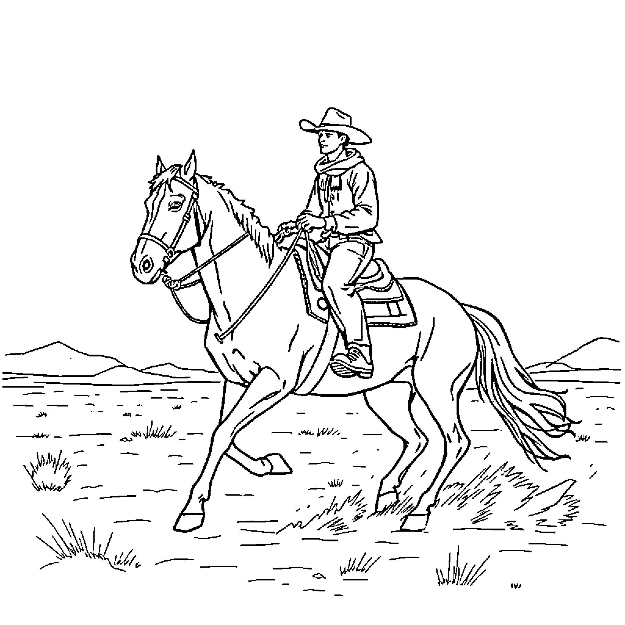 Cowboy riding his horse through the prairie Coloring Page (free black-and-white line drawing printable PDF for all, from beginners to advanced learners, including children, teens, adults, and seniors)