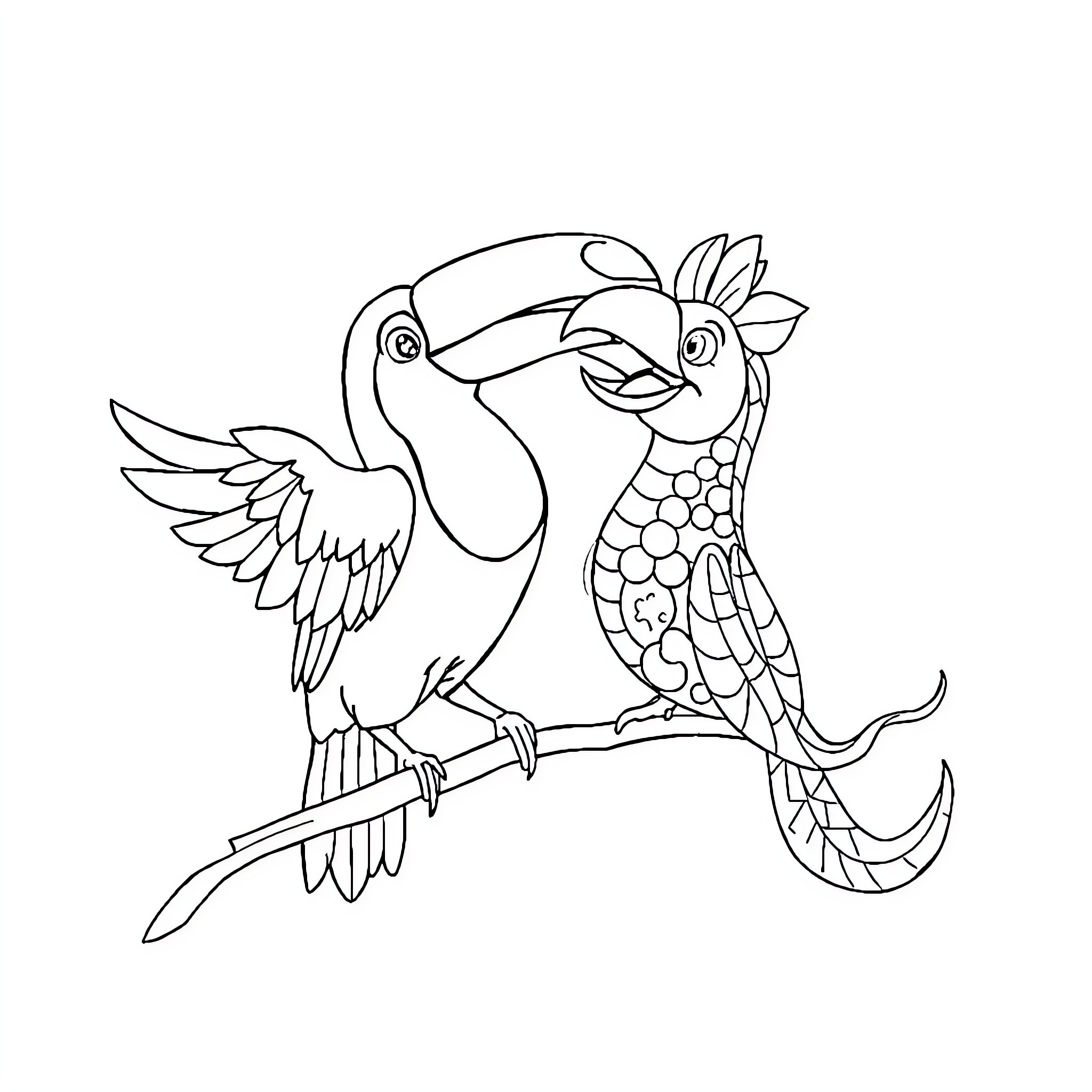 Toucan pair perched on a branch Coloring Page (free black-and-white line drawing printable PDF for all, from beginners to advanced learners, including children, teens, adults, and seniors)