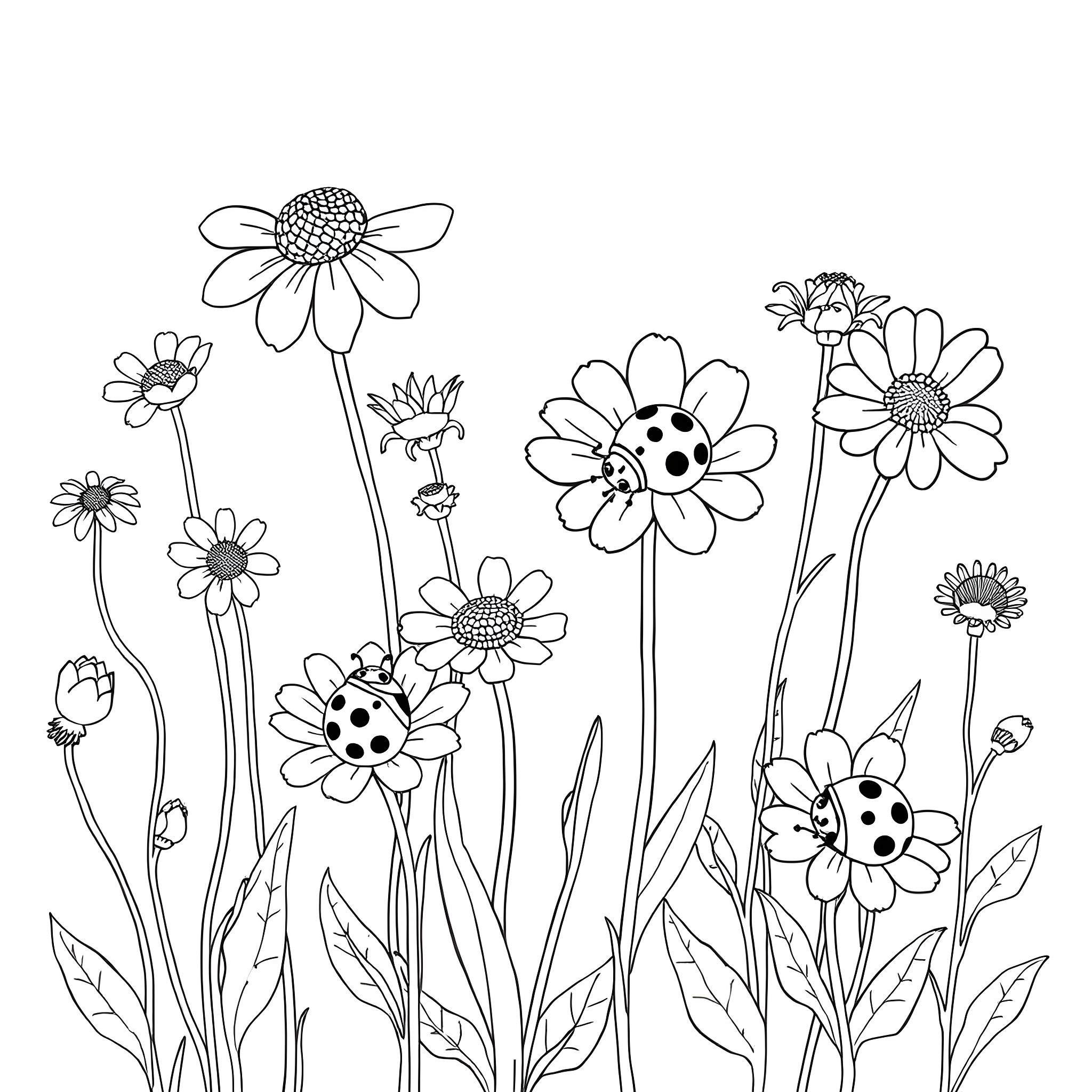 Ladybug playing amongst blooming flowers Coloring Page (free black-and-white line drawing printable PDF for all, from beginners to advanced learners, including children, teens, adults, and seniors)