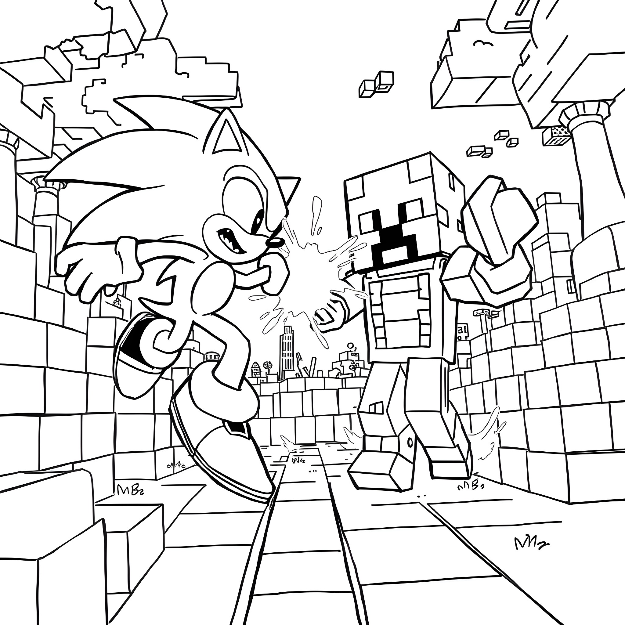 Sonic in an epic battle against a Minecraft-inspired foe Coloring Page (free black-and-white line drawing printable PDF for all, from beginners to advanced learners, including children, teens, adults, and seniors)