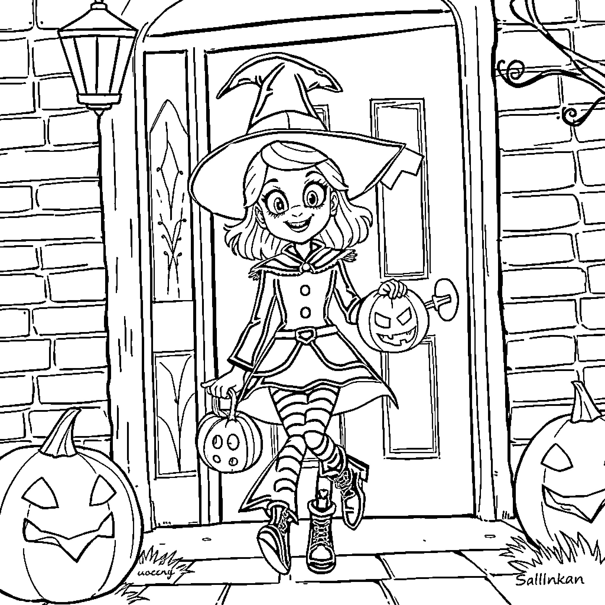 Sabrina's Spooky Halloween Adventure Coloring Page (free black-and-white line drawing printable PDF for all, from beginners to advanced learners, including children, teens, adults, and seniors)