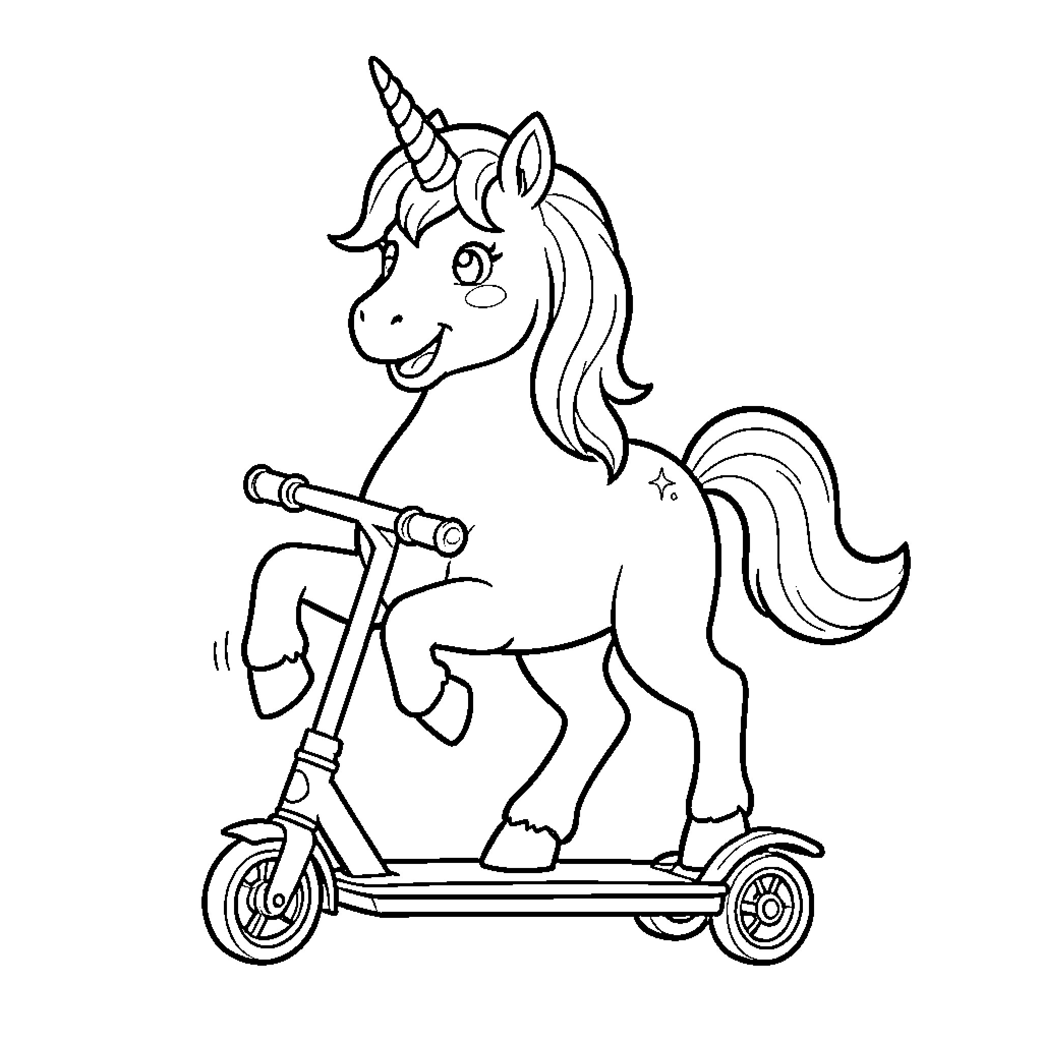 Licorne riding a scooter with a joyful expression Coloring Page (free black-and-white line drawing printable PDF for all, from beginners to advanced learners, including children, teens, adults, and seniors)
