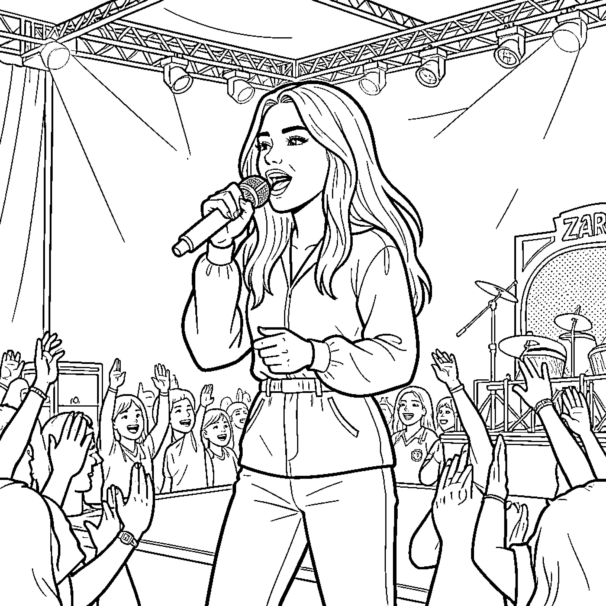 Zara Larsson singing into a microphone on stage Coloring Page (free black-and-white line drawing printable PDF for all, from beginners to advanced learners, including children, teens, adults, and seniors)