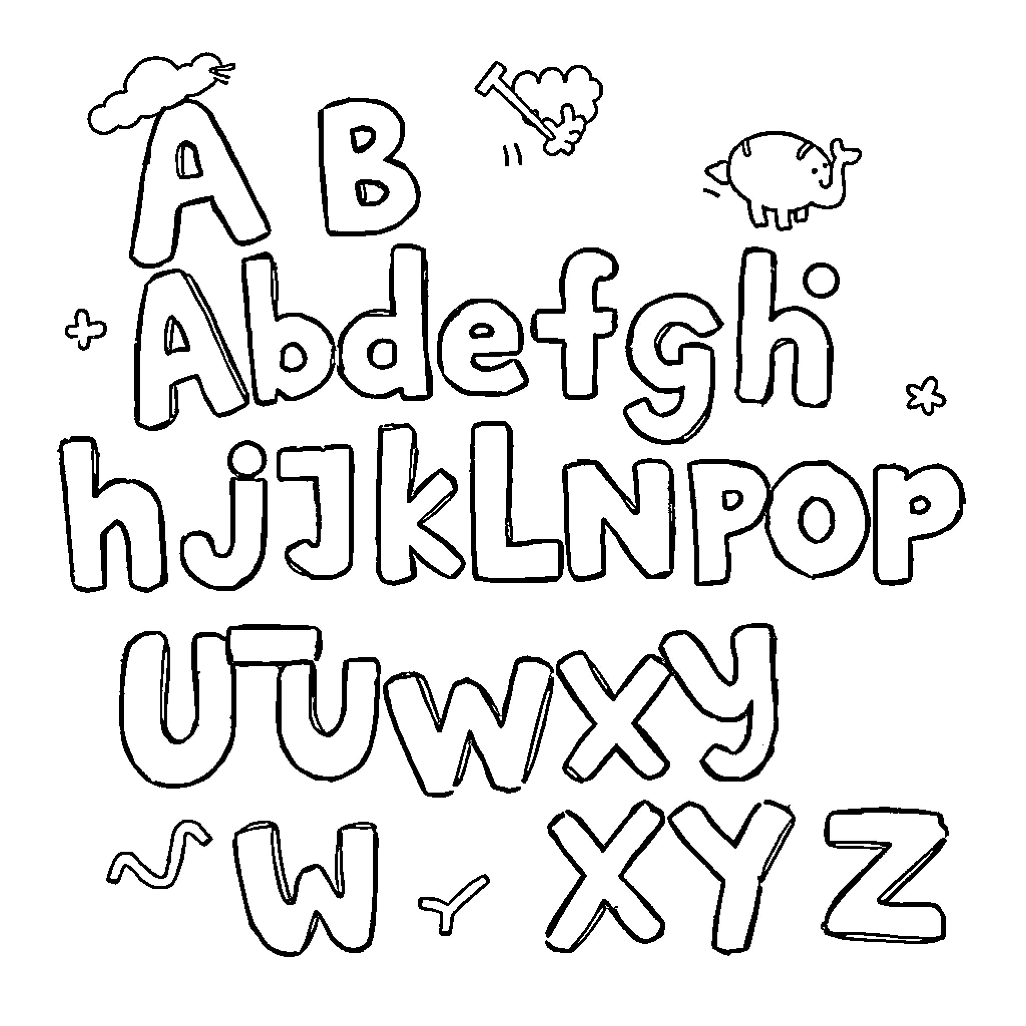 Alphabet of hand-drawn letters and shapes Coloring Page (free black-and-white line drawing printable PDF for all, from beginners to advanced learners, including children, teens, adults, and seniors)