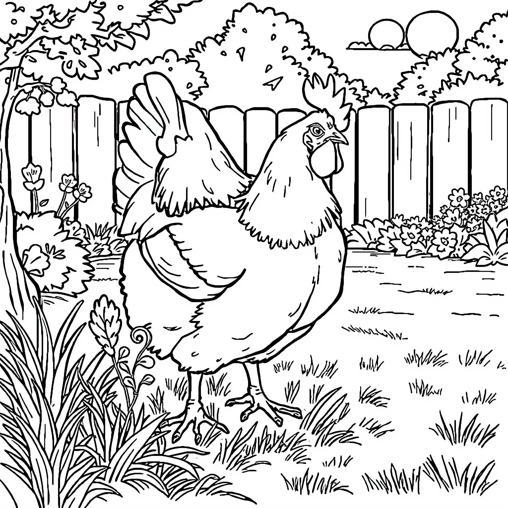 Chicken strutting through the garden Coloring Page (free black-and-white line drawing printable PDF for all, from beginners to advanced learners, including children, teens, adults, and seniors)
