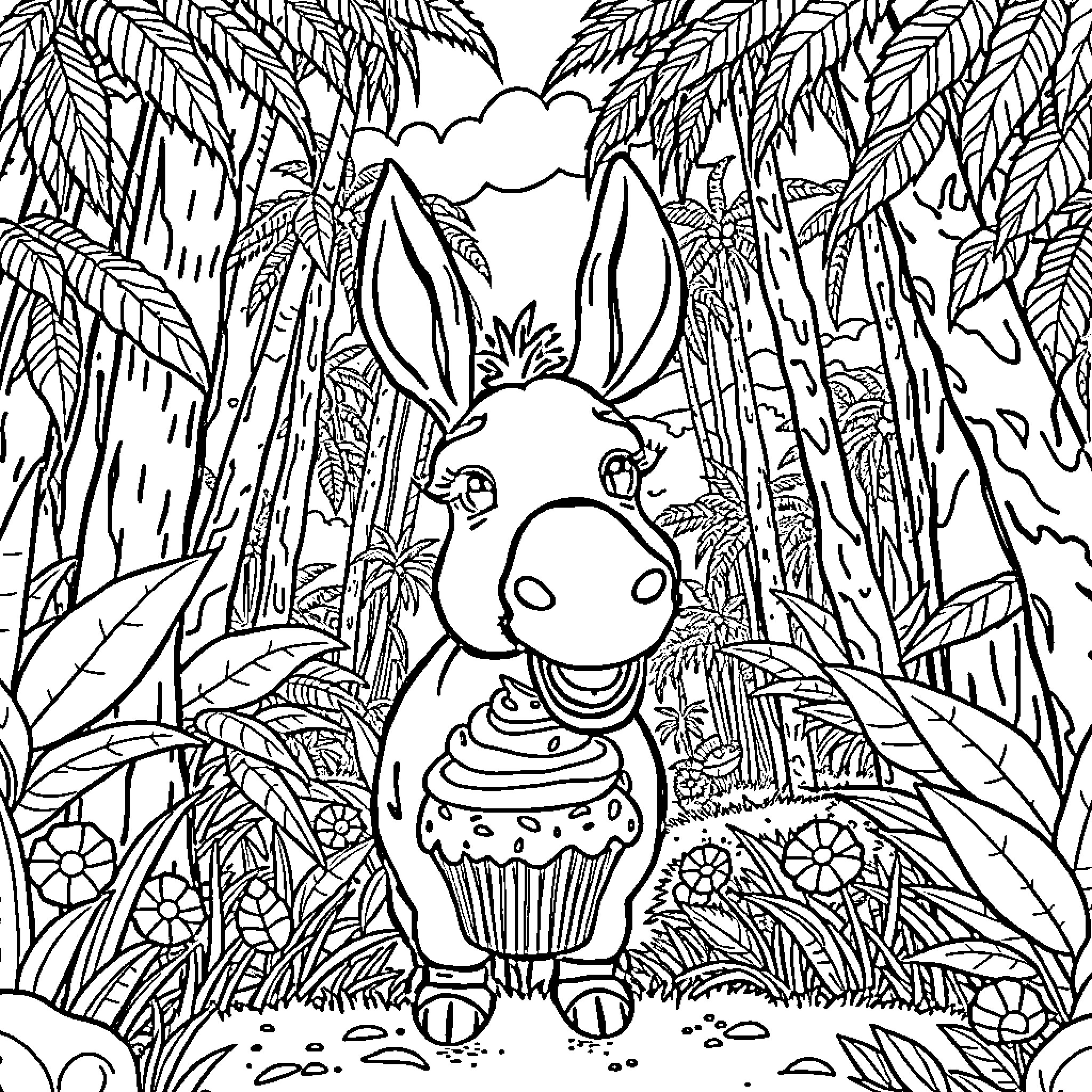 Donkey enjoying a cupcake in the jungle Coloring Page (free black-and-white line drawing printable PDF for all, from beginners to advanced learners, including children, teens, adults, and seniors)