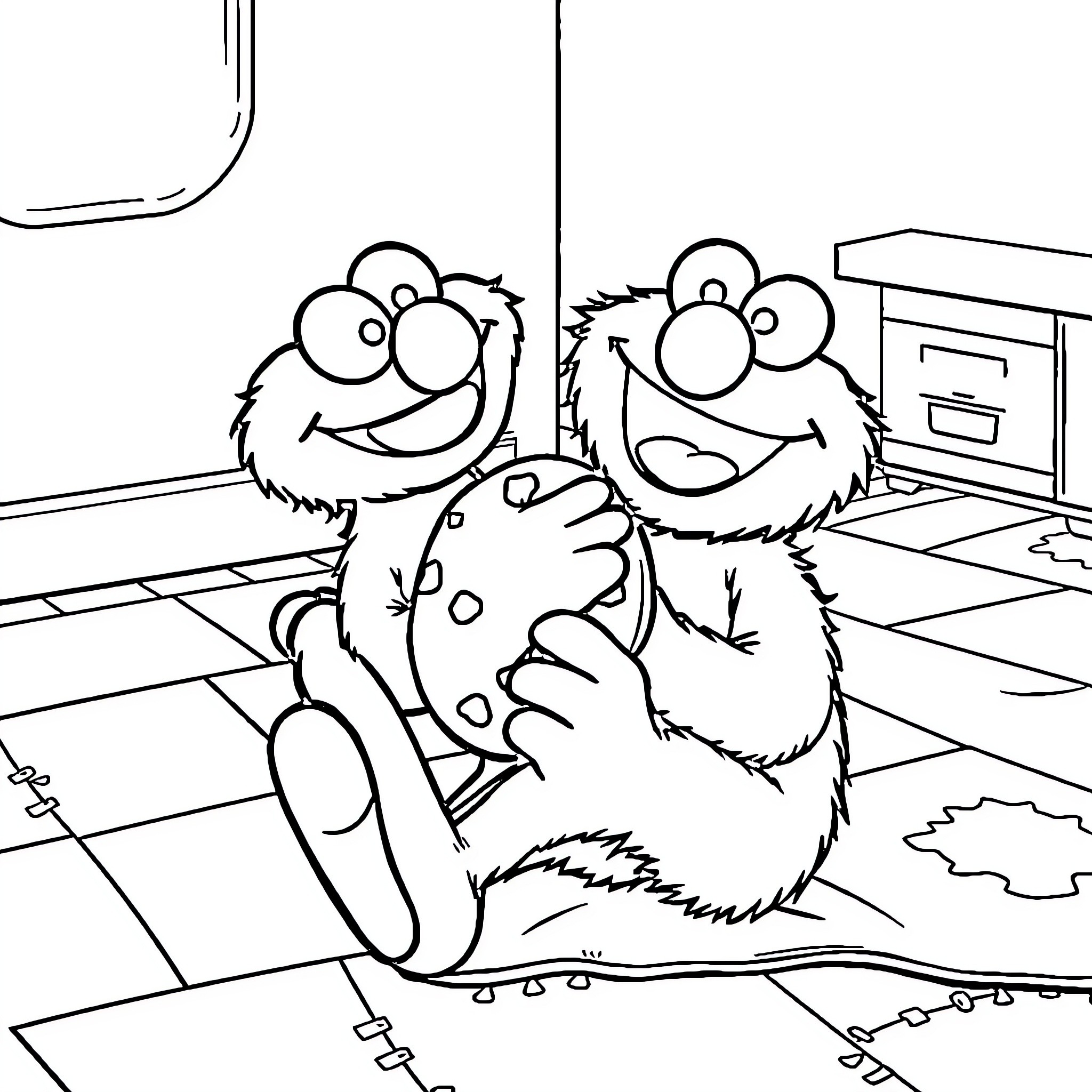 Elmo and Furry Friend Exploring Playroom Coloring Page (free black-and-white line drawing printable PDF for all, from beginners to advanced learners, including children, teens, adults, and seniors)