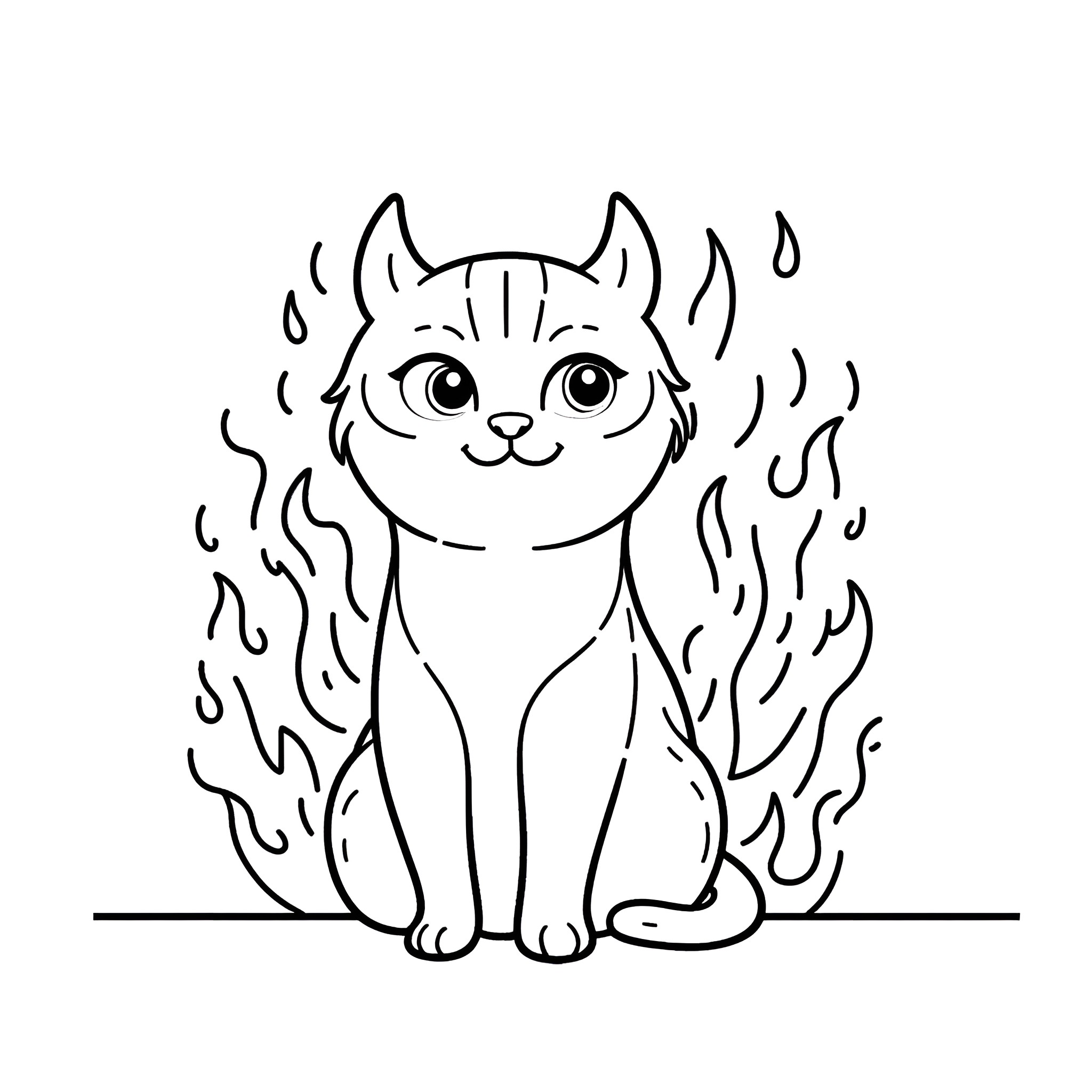 Fire Cat Sitting in Flames Coloring Page (free black-and-white line drawing printable PDF for all, from beginners to advanced learners, including children, teens, adults, and seniors)