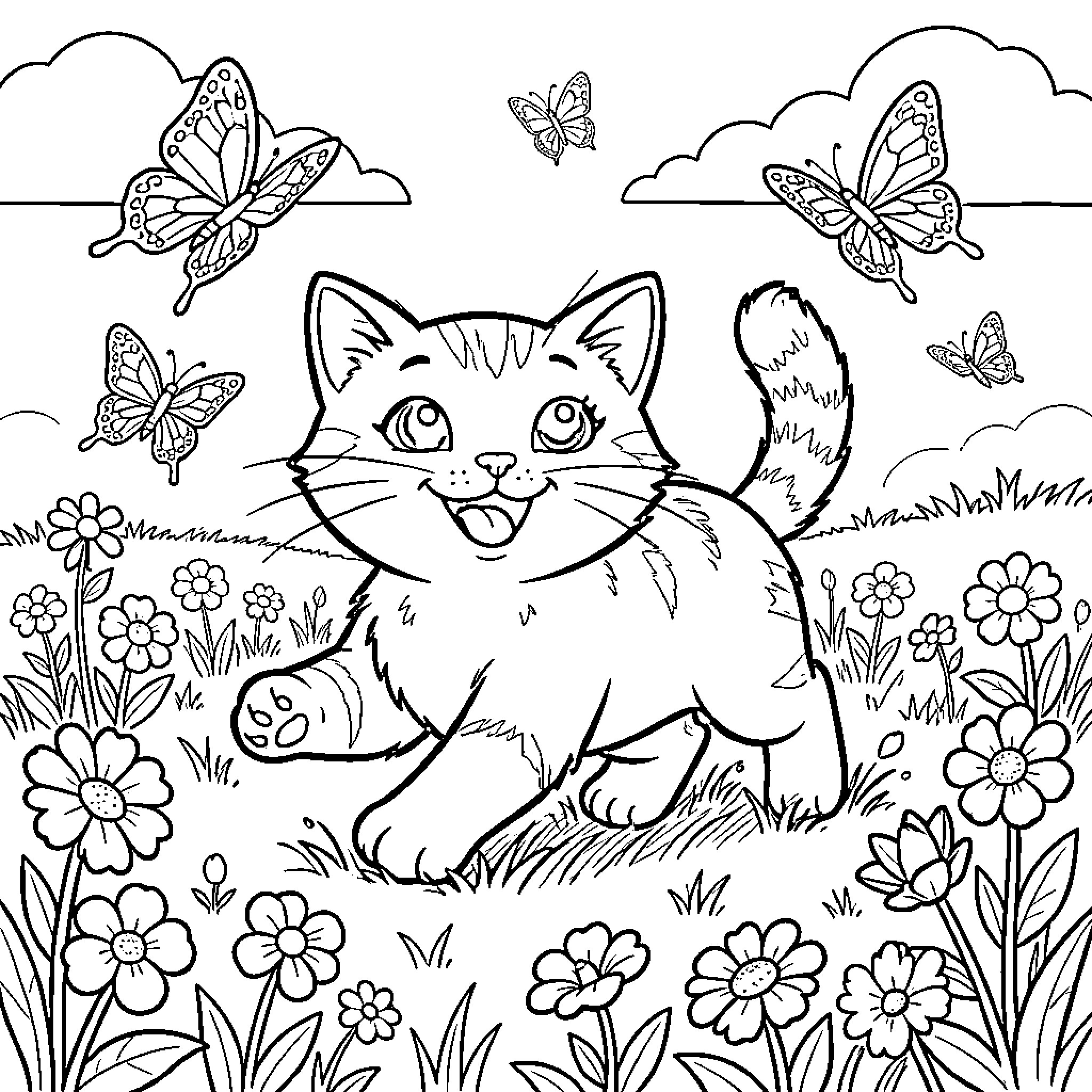 Gato playing happily with butterflies in the garden Coloring Page (free black-and-white line drawing printable PDF for all, from beginners to advanced learners, including children, teens, adults, and seniors)