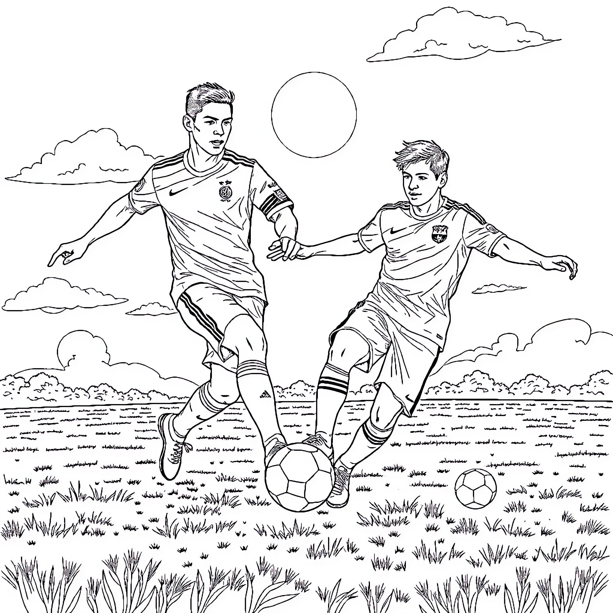 Cristiano Ronaldo and teammate playing soccer on the field Coloring Page (free black-and-white line drawing printable PDF for all, from beginners to advanced learners, including children, teens, adults, and seniors)