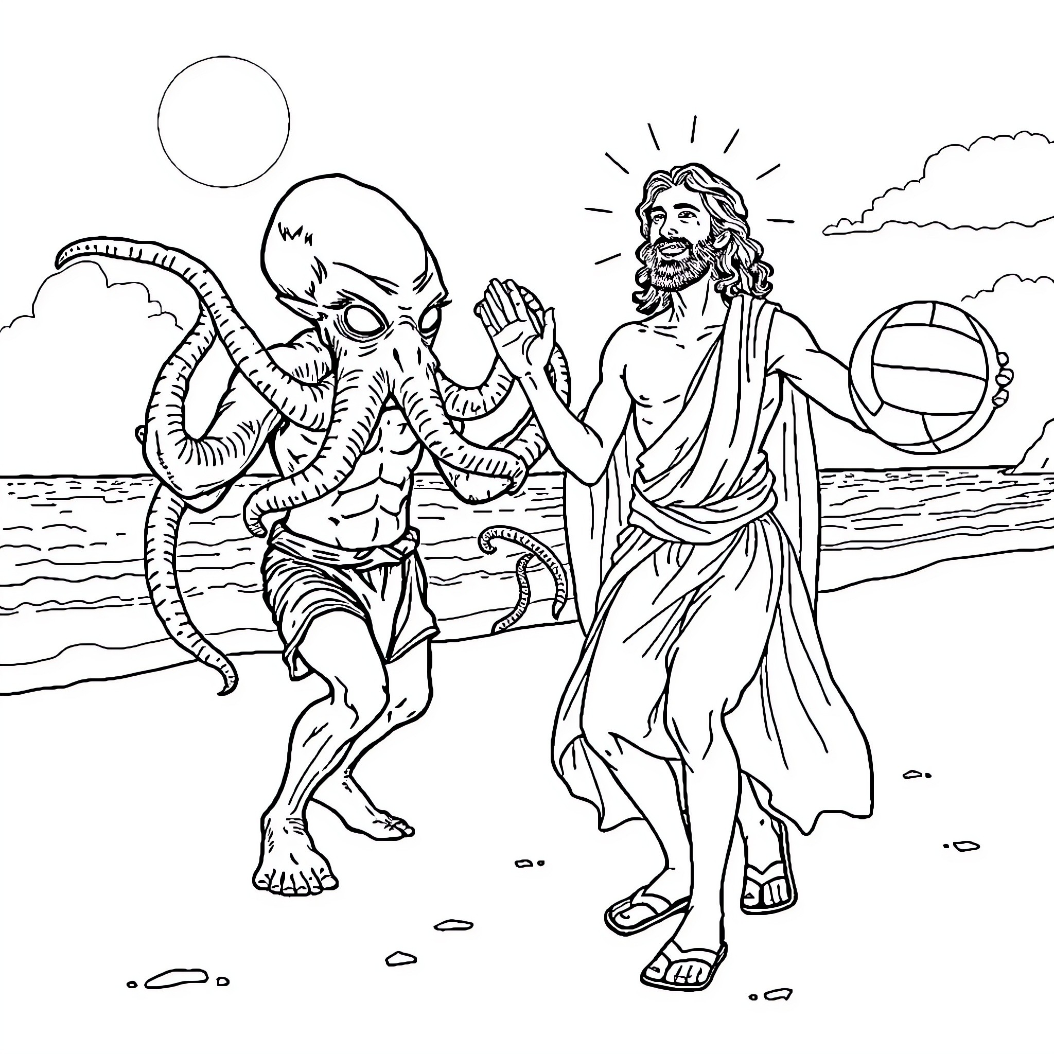 Cthulhu and Christ playing together in the sand Coloring Page (free black-and-white line drawing printable PDF for all, from beginners to advanced learners, including children, teens, adults, and seniors)