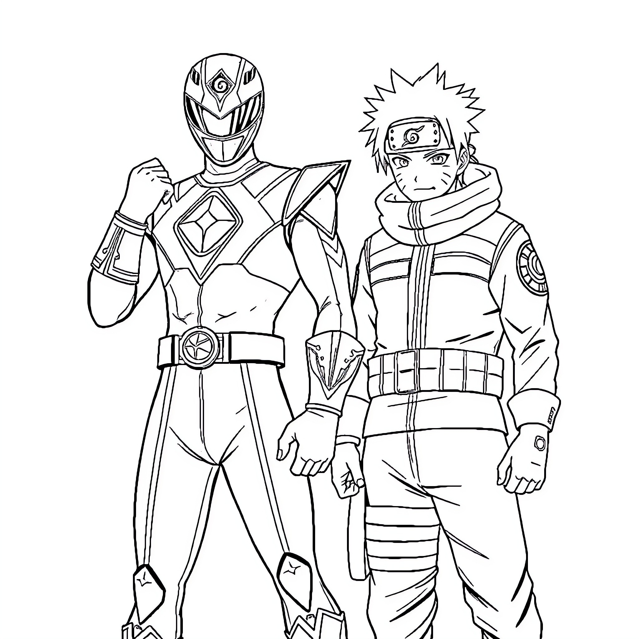 Power Rangers in Heroic Pose and Outfit Coloring Page (free black-and-white line drawing printable PDF for all, from beginners to advanced learners, including children, teens, adults, and seniors)