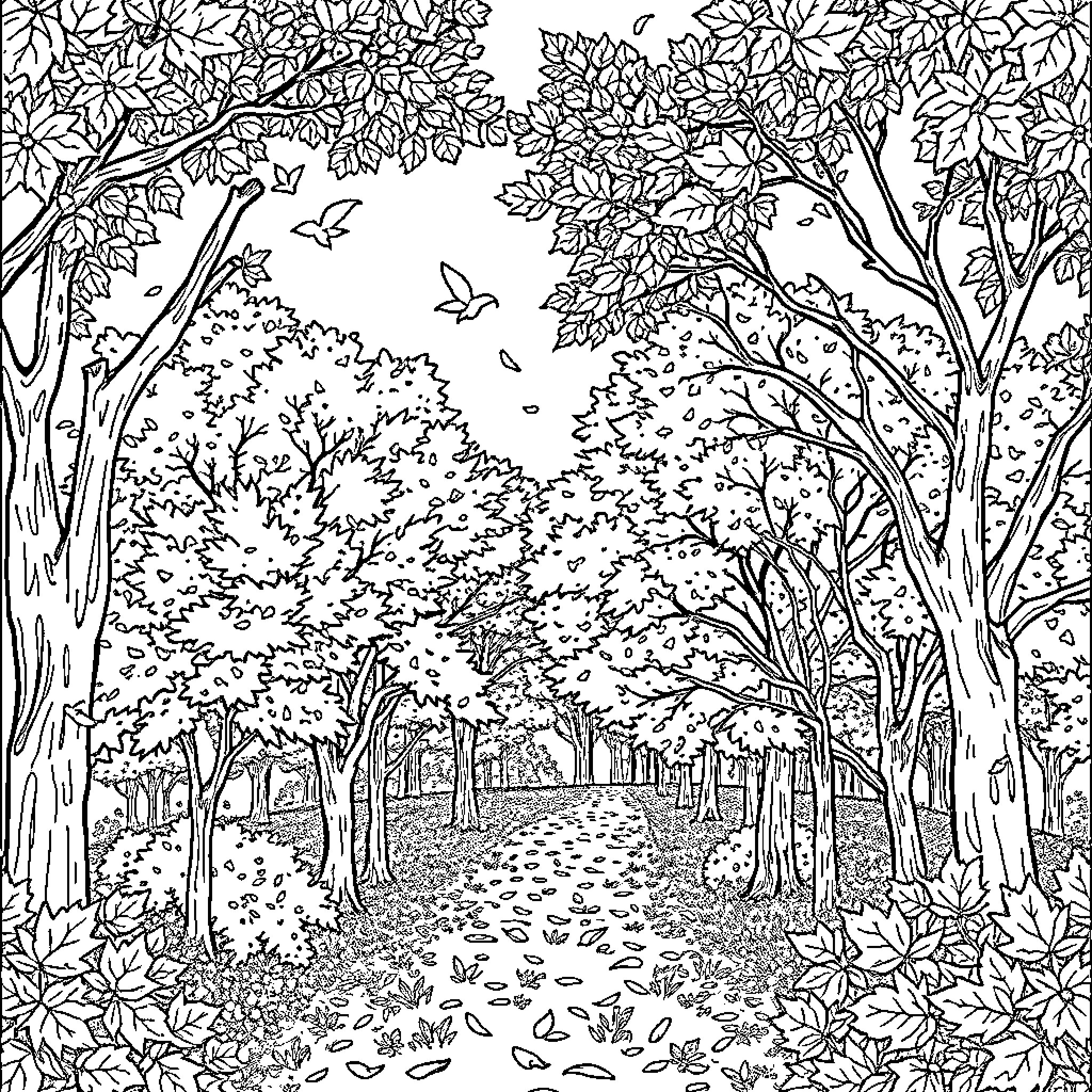 Autumn Nature Scenery with Falling Leaves Coloring Page (free black-and-white line drawing printable PDF for all, from beginners to advanced learners, including children, teens, adults, and seniors)