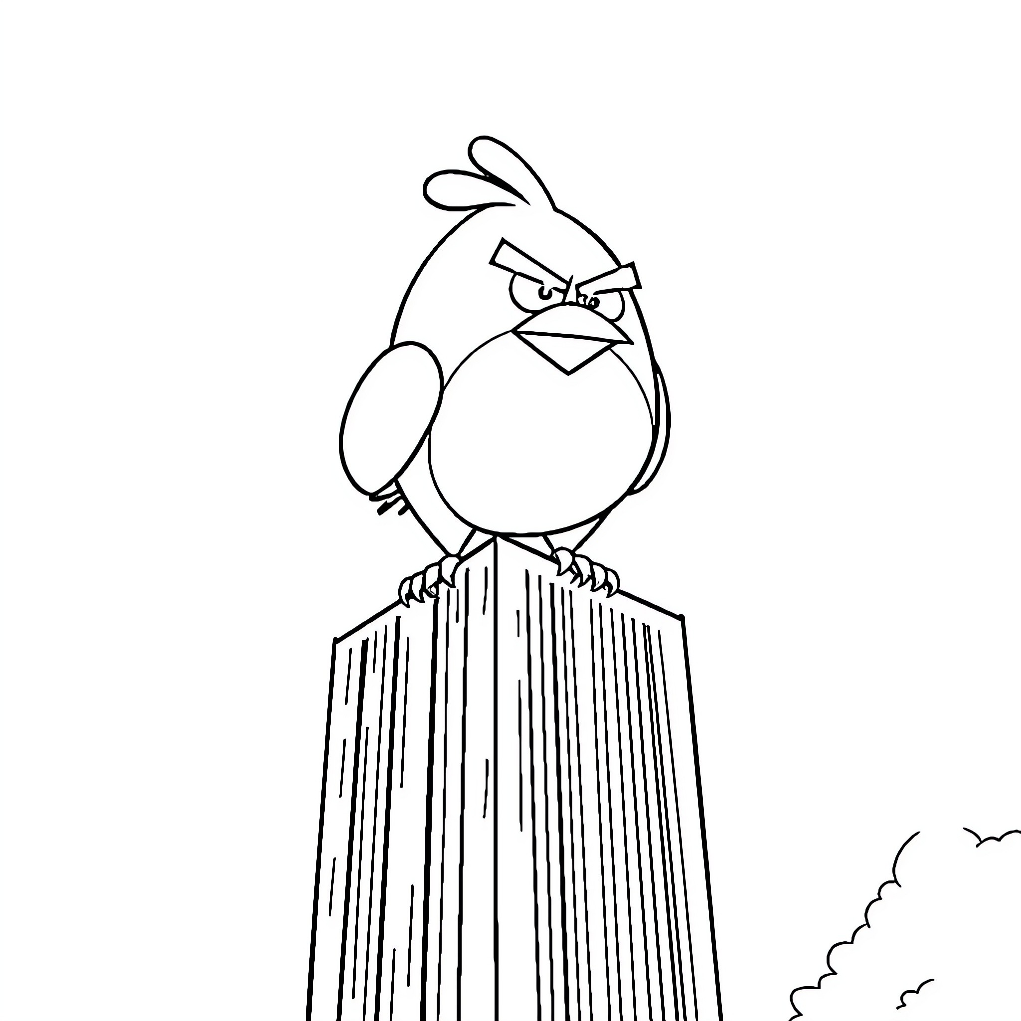 Angry Bird perched atop a tall tower Coloring Page (free black-and-white line drawing printable PDF for all, from beginners to advanced learners, including children, teens, adults, and seniors)
