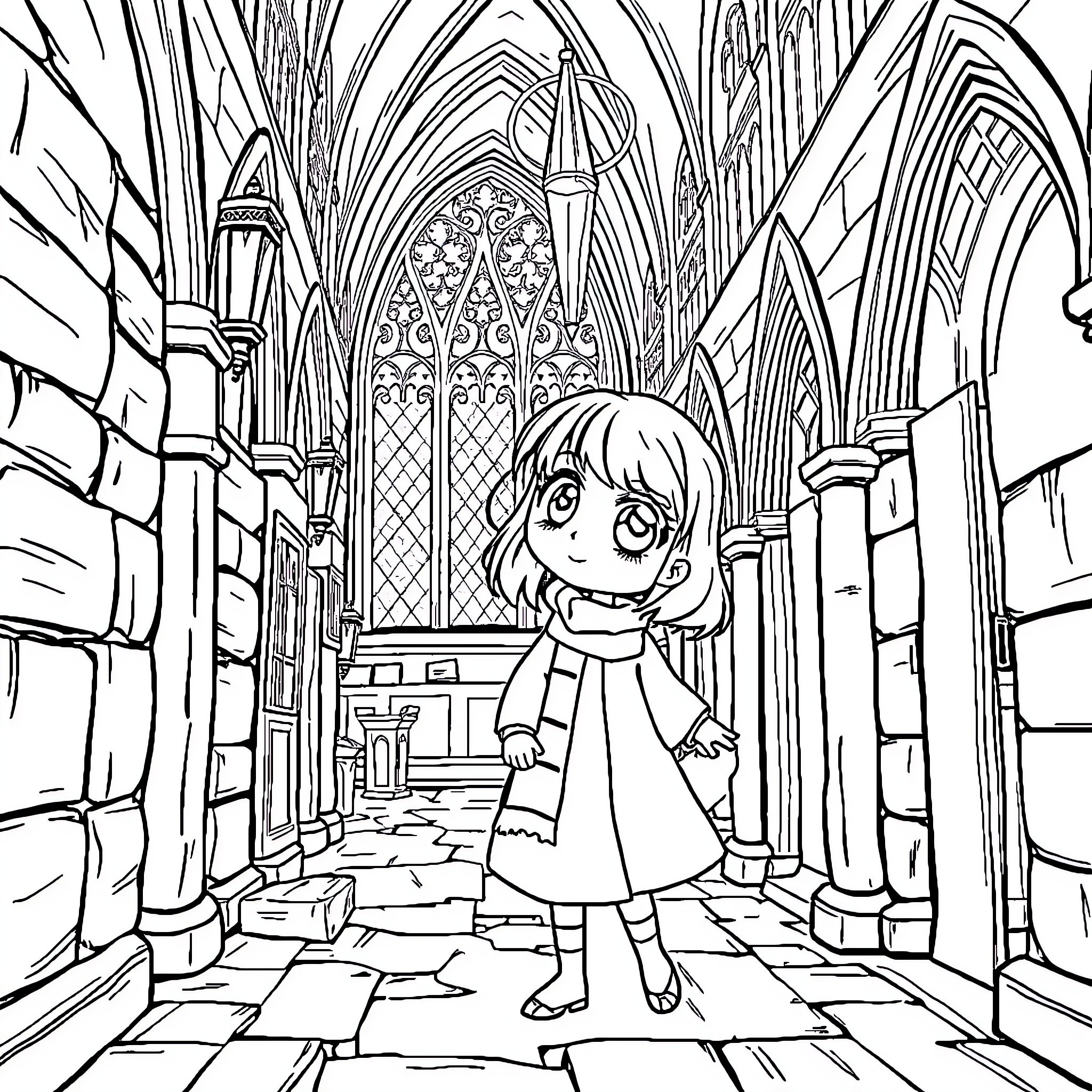 Bluey exploring a magical cathedral Coloring Page (free black-and-white line drawing printable PDF for all, from beginners to advanced learners, including children, teens, adults, and seniors)
