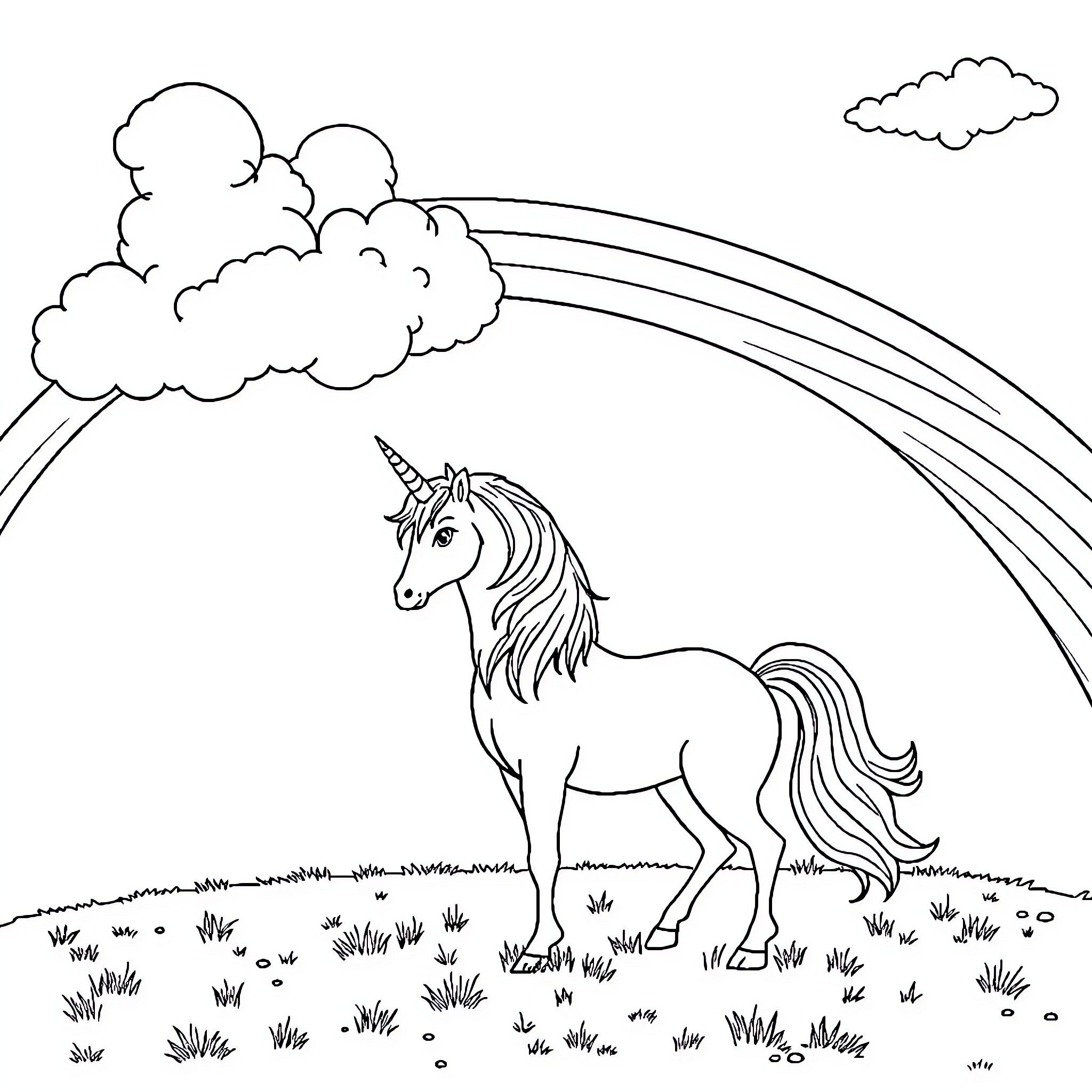 Unicorn standing in a meadow under a rainbow Coloring Page (free black-and-white line drawing printable PDF for all, from beginners to advanced learners, including children, teens, adults, and seniors)