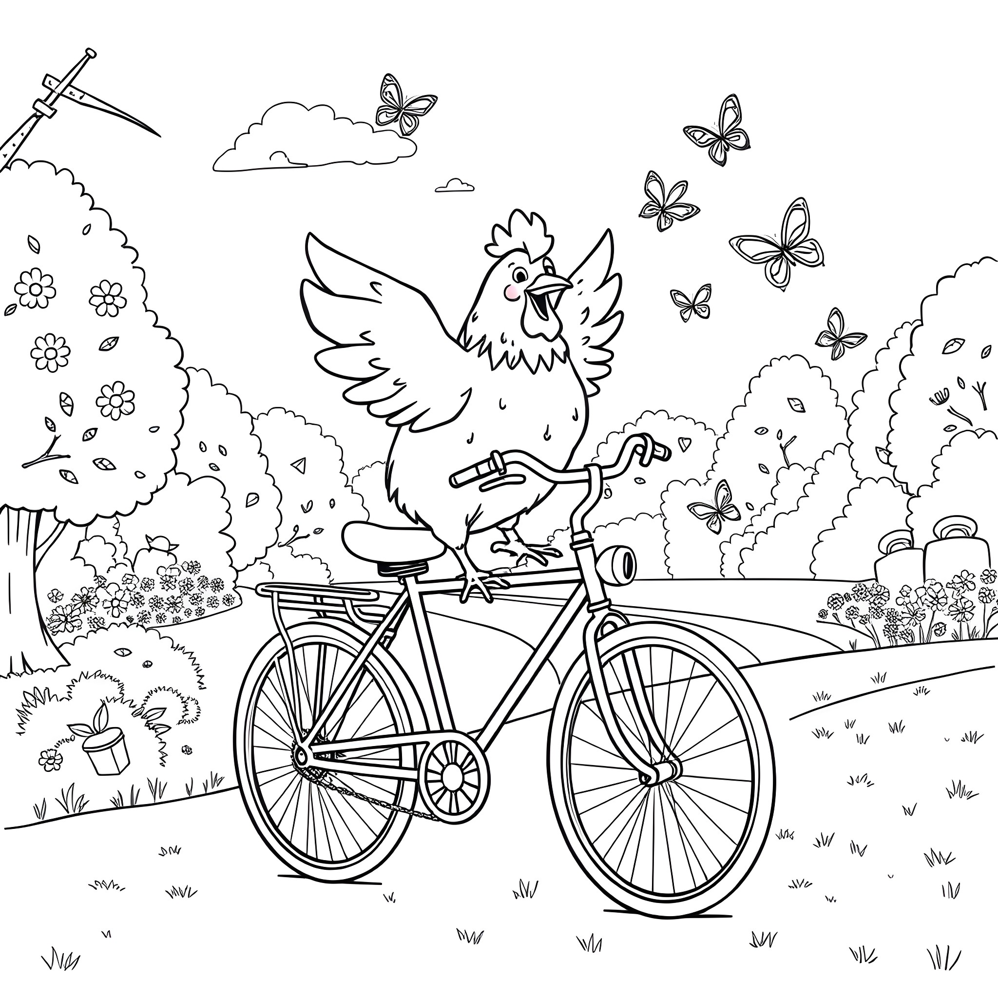 Chicken riding a bicycle in the countryside Coloring Page (free black-and-white line drawing printable PDF for all, from beginners to advanced learners, including children, teens, adults, and seniors)