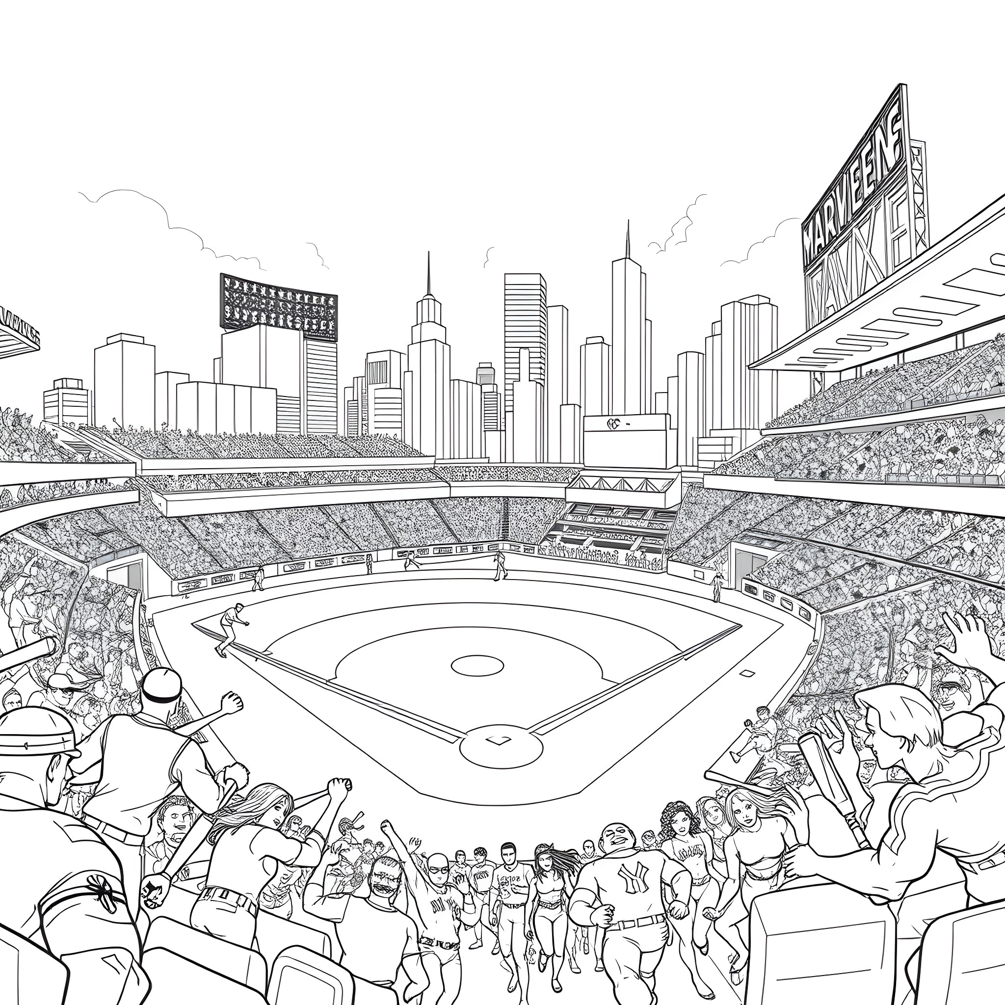 Marvel Characters Enjoying Baseball Game in Cityscape Coloring Page (free black-and-white line drawing printable PDF for all, from beginners to advanced learners, including children, teens, adults, and seniors)