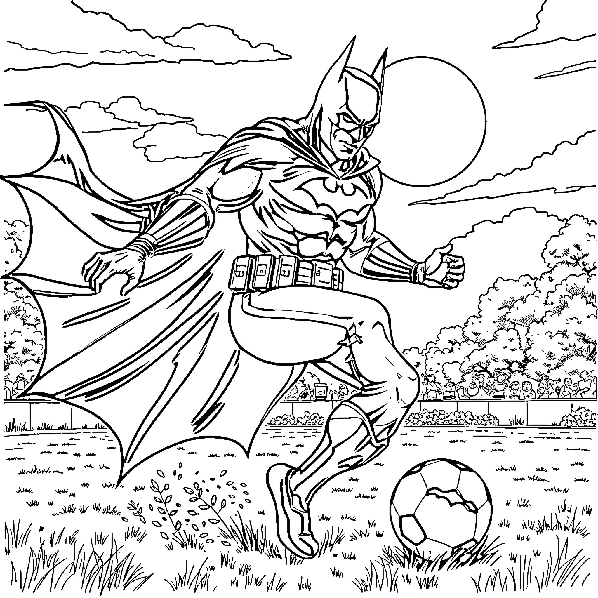 Batman kicking a soccer ball in an outdoor field Coloring Page (free black-and-white line drawing printable PDF for all, from beginners to advanced learners, including children, teens, adults, and seniors)