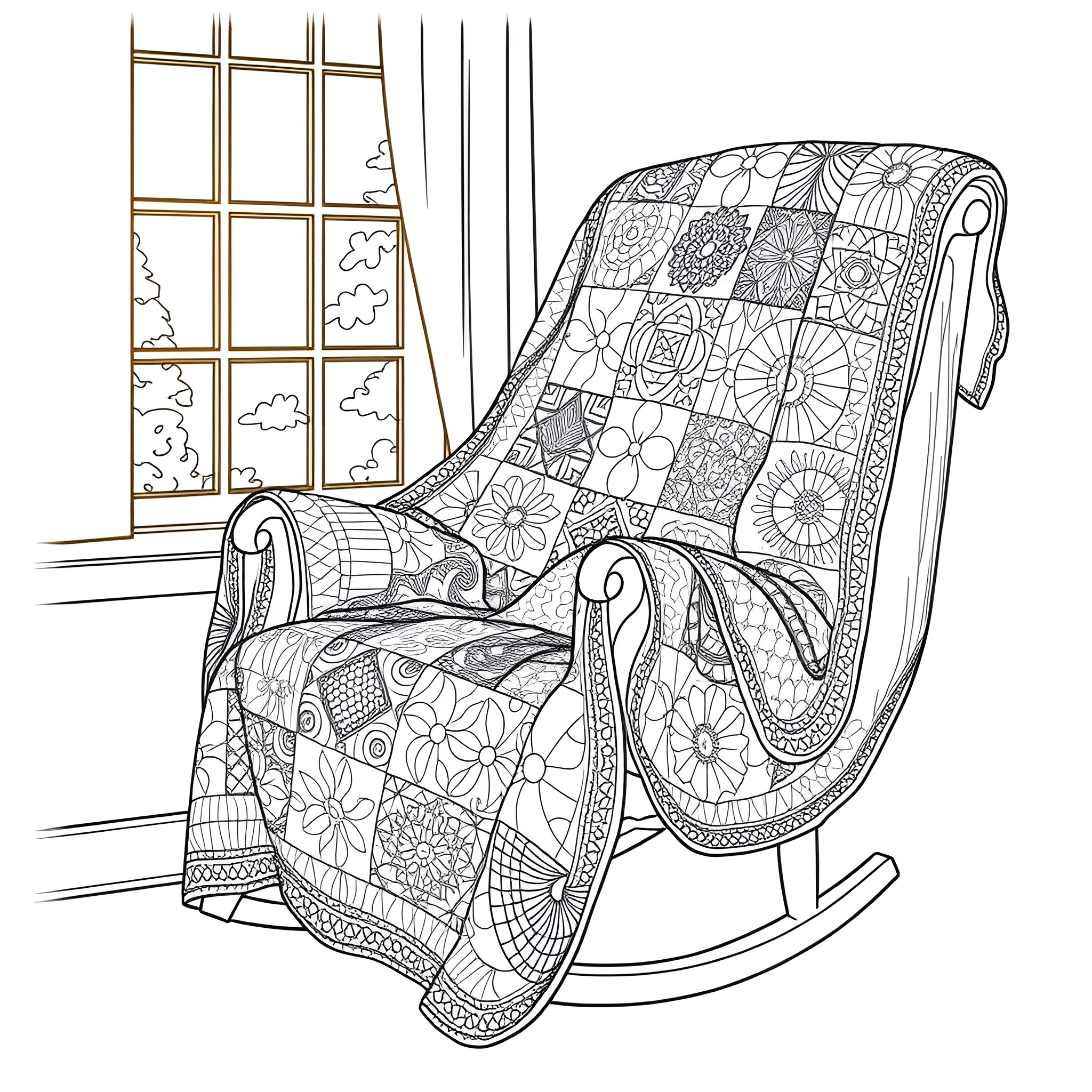 Patchwork Floral Rocking Chair by the Window Coloring Page (free black-and-white line drawing printable PDF for all, from beginners to advanced learners, including children, teens, adults, and seniors)