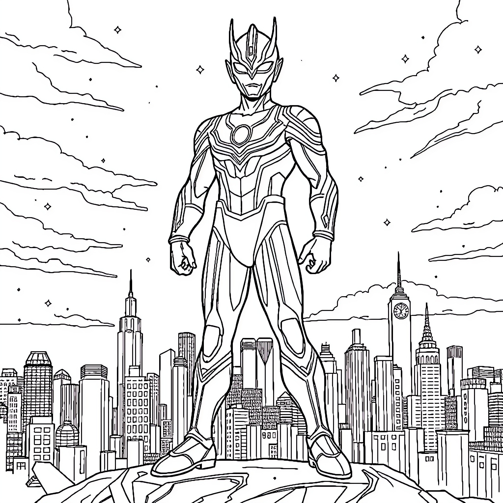 Ultraman heroically stands over the city Coloring Page (free black-and-white line drawing printable PDF for all, from beginners to advanced learners, including children, teens, adults, and seniors)
