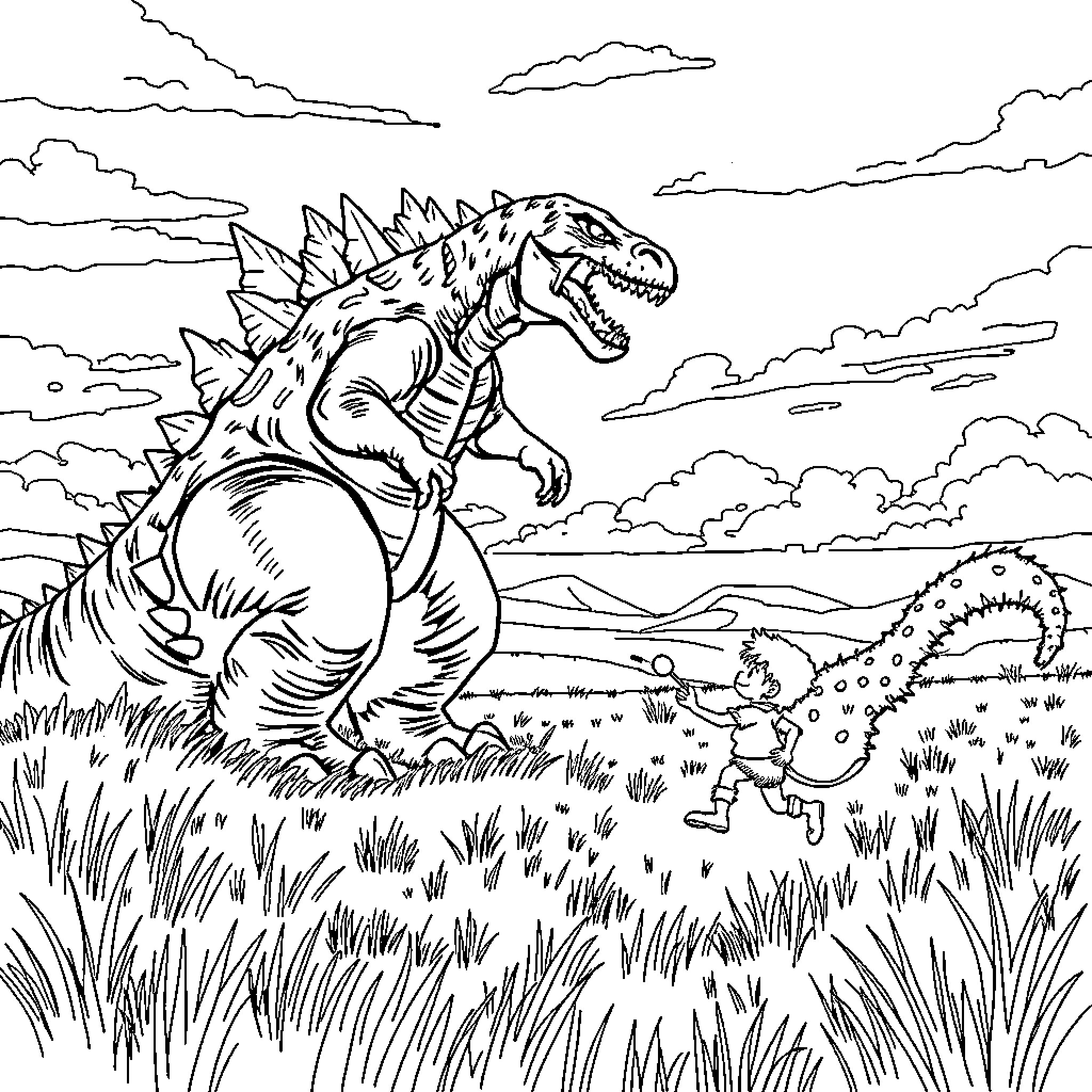 Godzilla encounters tiny human in the wilderness Coloring Page (free black-and-white line drawing printable PDF for all, from beginners to advanced learners, including children, teens, adults, and seniors)