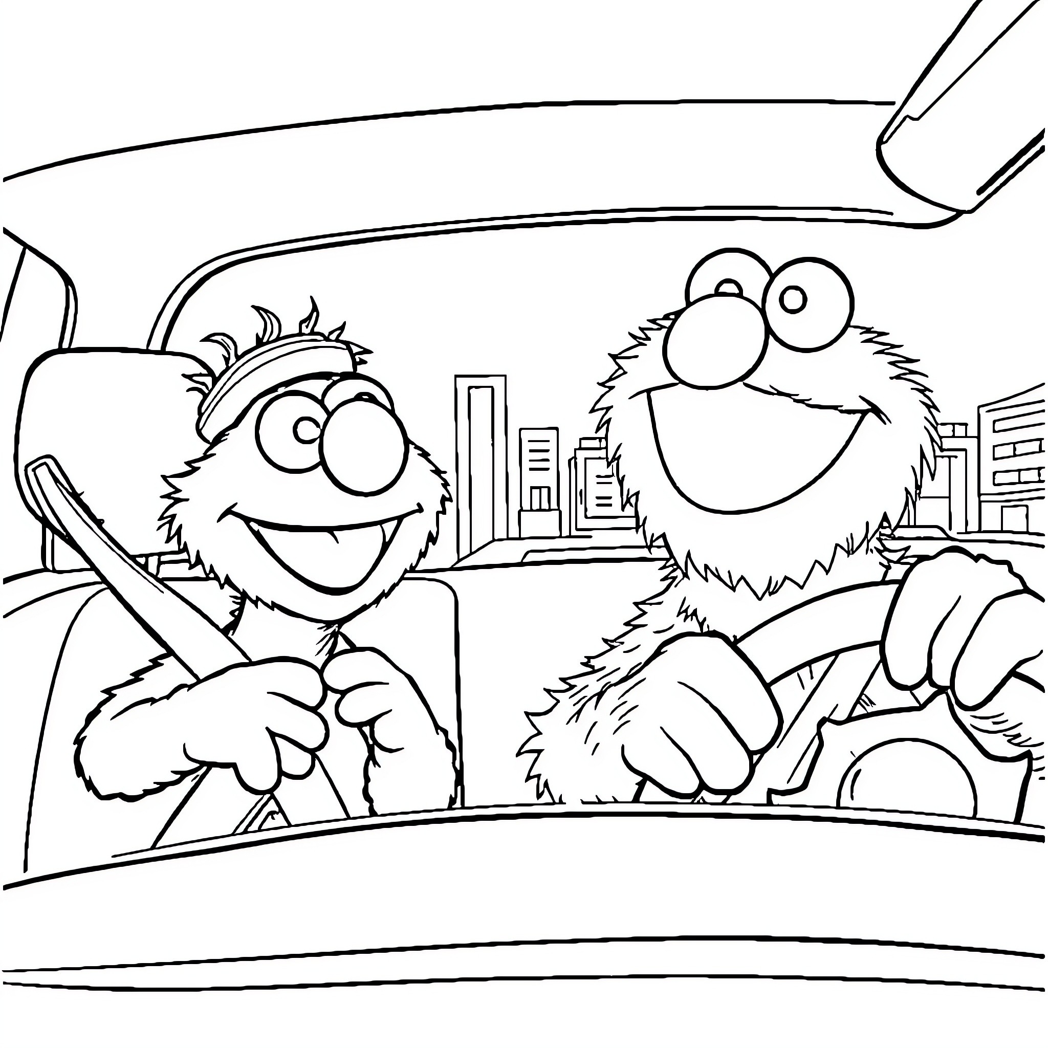 Elmo and Cookie Monster Driving in a Car Coloring Page (free black-and-white line drawing printable PDF for all, from beginners to advanced learners, including children, teens, adults, and seniors)