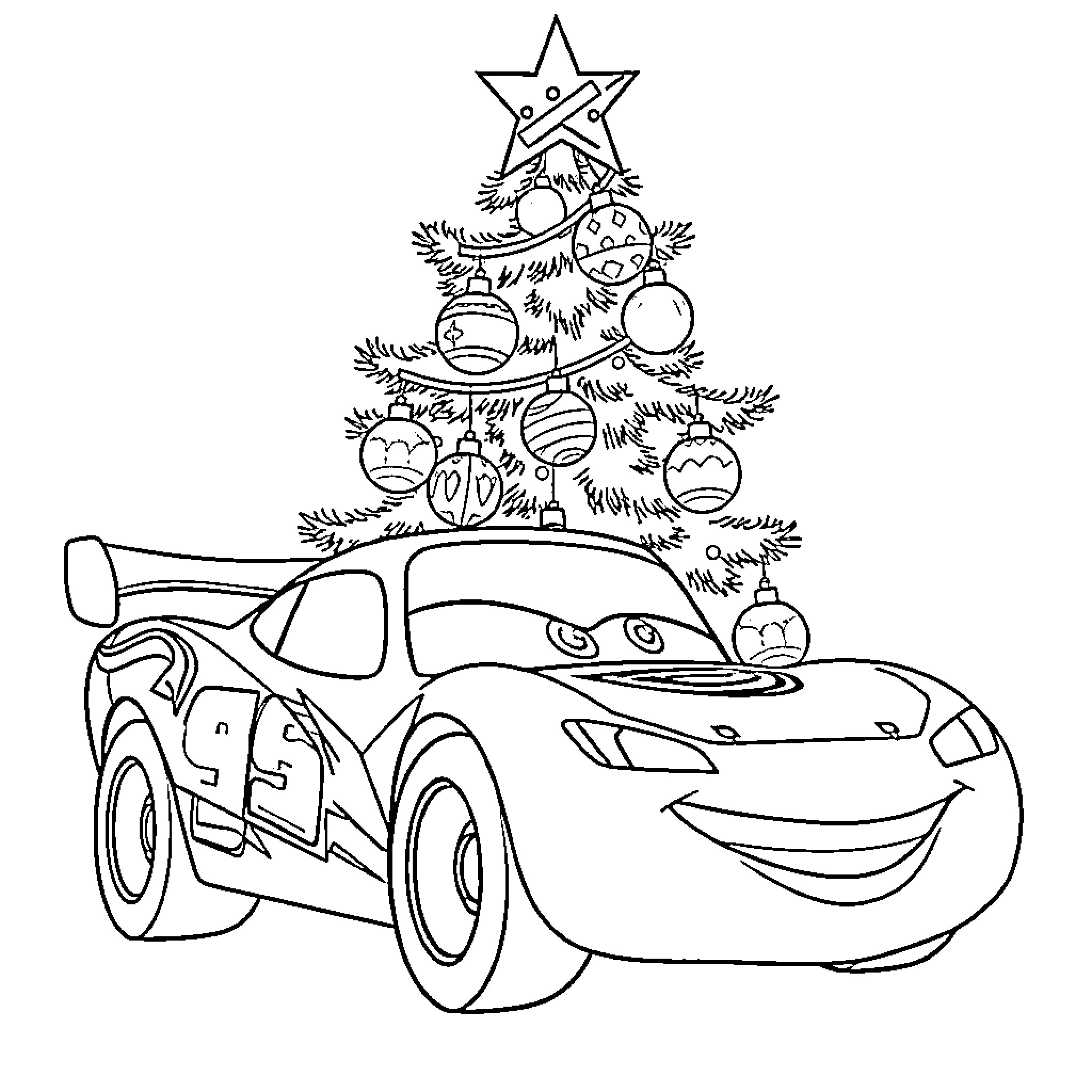Lightning McQueen decorating a Christmas tree Coloring Page (free black-and-white line drawing printable PDF for all, from beginners to advanced learners, including children, teens, adults, and seniors)