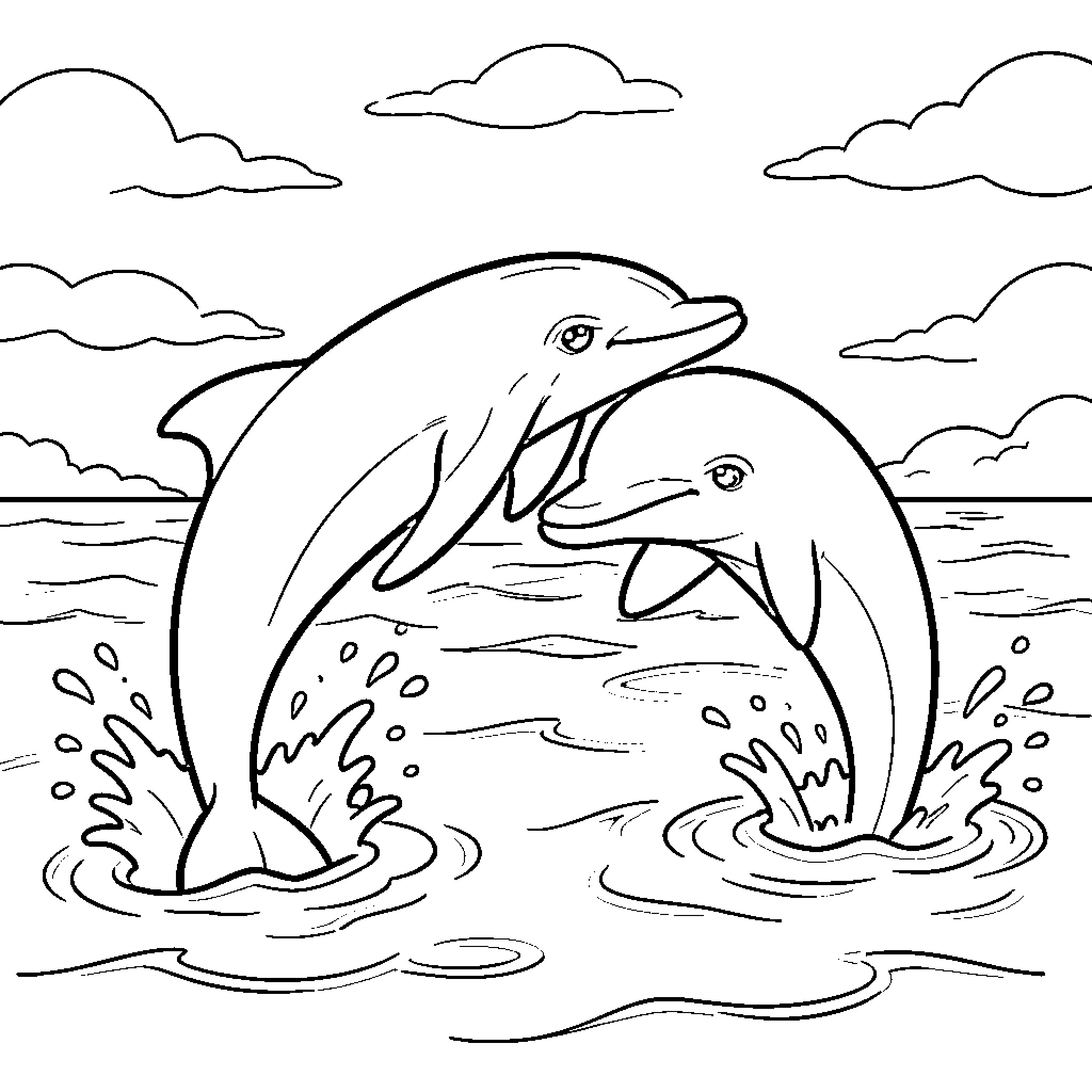 Dolphin duo playing in the waves Coloring Page (free black-and-white line drawing printable PDF for all, from beginners to advanced learners, including children, teens, adults, and seniors)