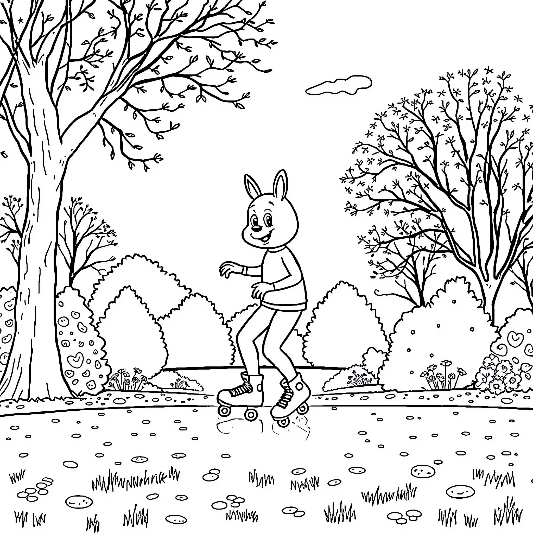 Sprunk character rollerskating in forest scenery Coloring Page (free black-and-white line drawing printable PDF for all, from beginners to advanced learners, including children, teens, adults, and seniors)