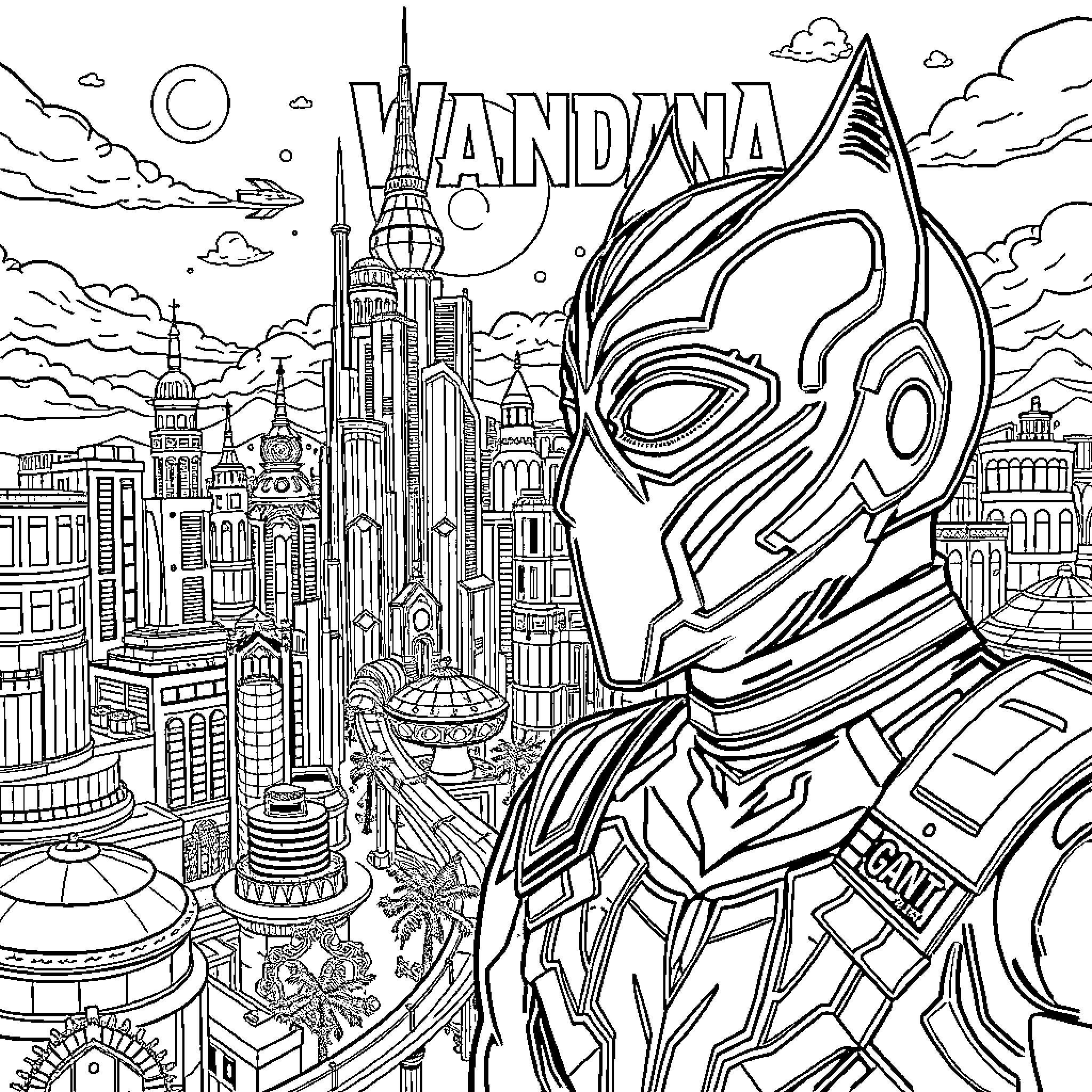 Wakanda Futuristic City with Superhero Warrior Coloring Page (free black-and-white line drawing printable PDF for all, from beginners to advanced learners, including children, teens, adults, and seniors)