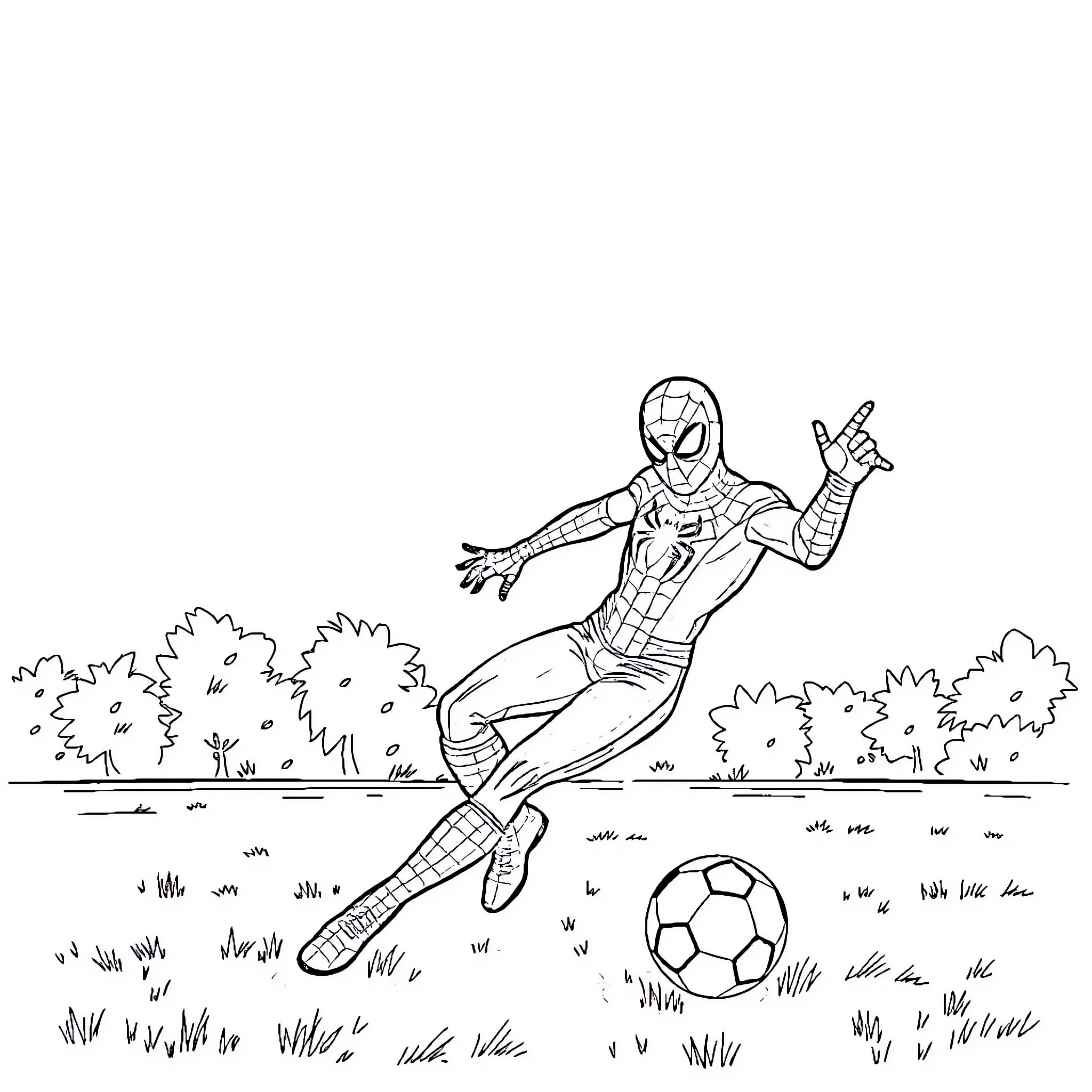 Spiderman playing soccer on the field Coloring Page (free black-and-white line drawing printable PDF for all, from beginners to advanced learners, including children, teens, adults, and seniors)