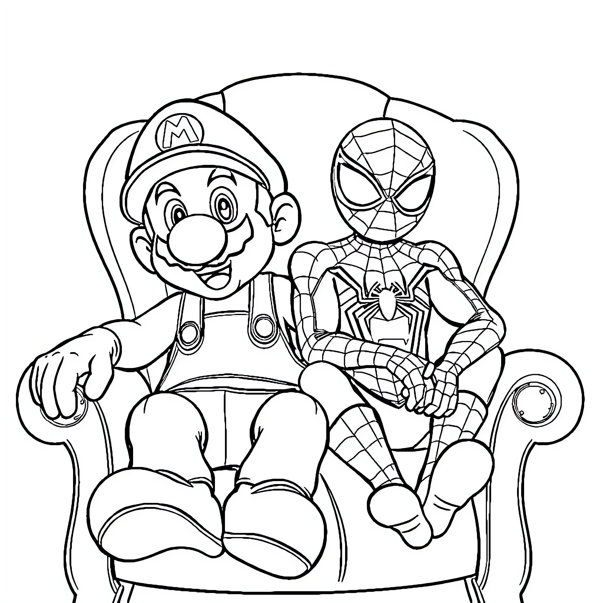 Super Mario and Spider-Man Hang Out Together Coloring Page (free black-and-white line drawing printable PDF for all, from beginners to advanced learners, including children, teens, adults, and seniors)