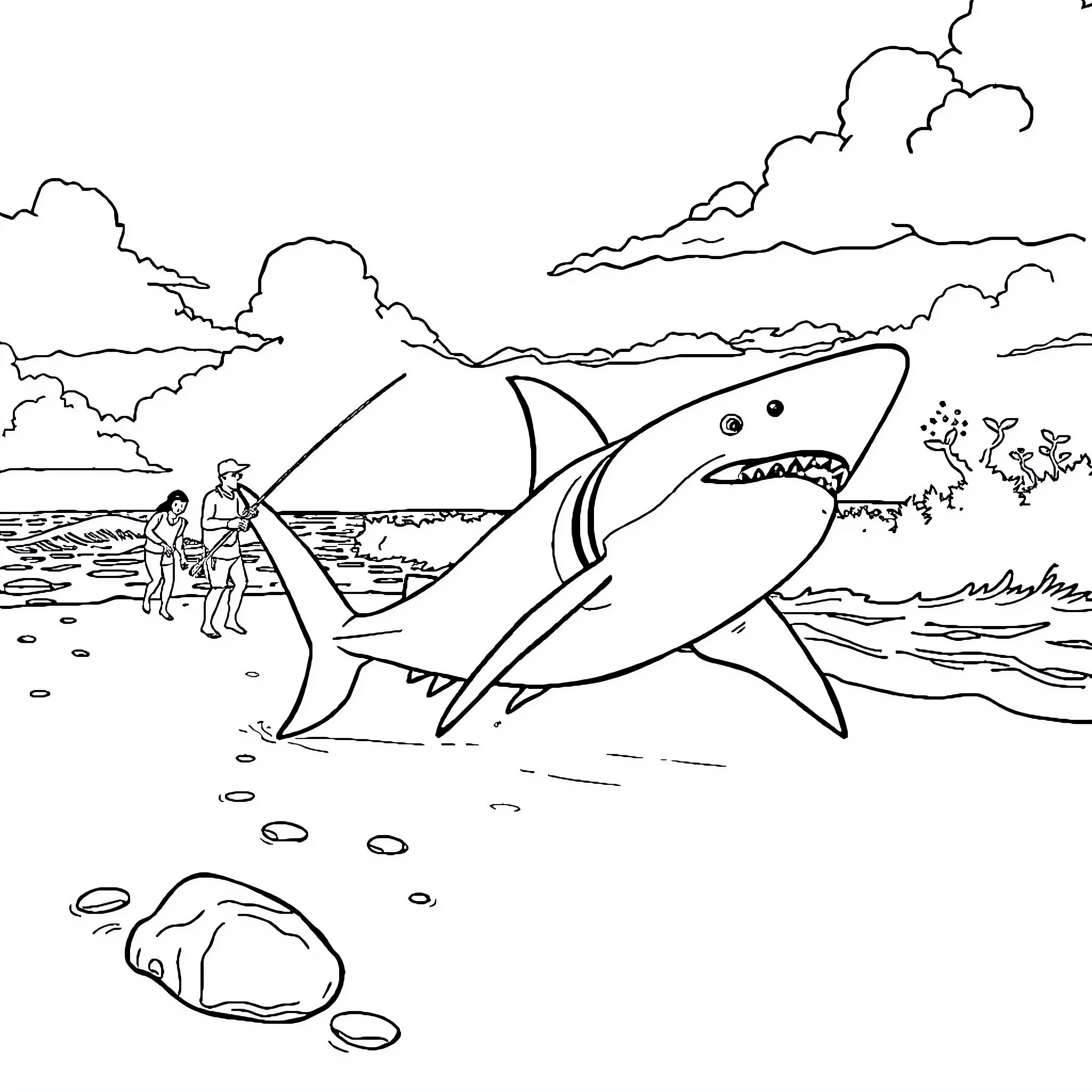 Shark hunting near beachgoers Coloring Page (free black-and-white line drawing printable PDF for all, from beginners to advanced learners, including children, teens, adults, and seniors)