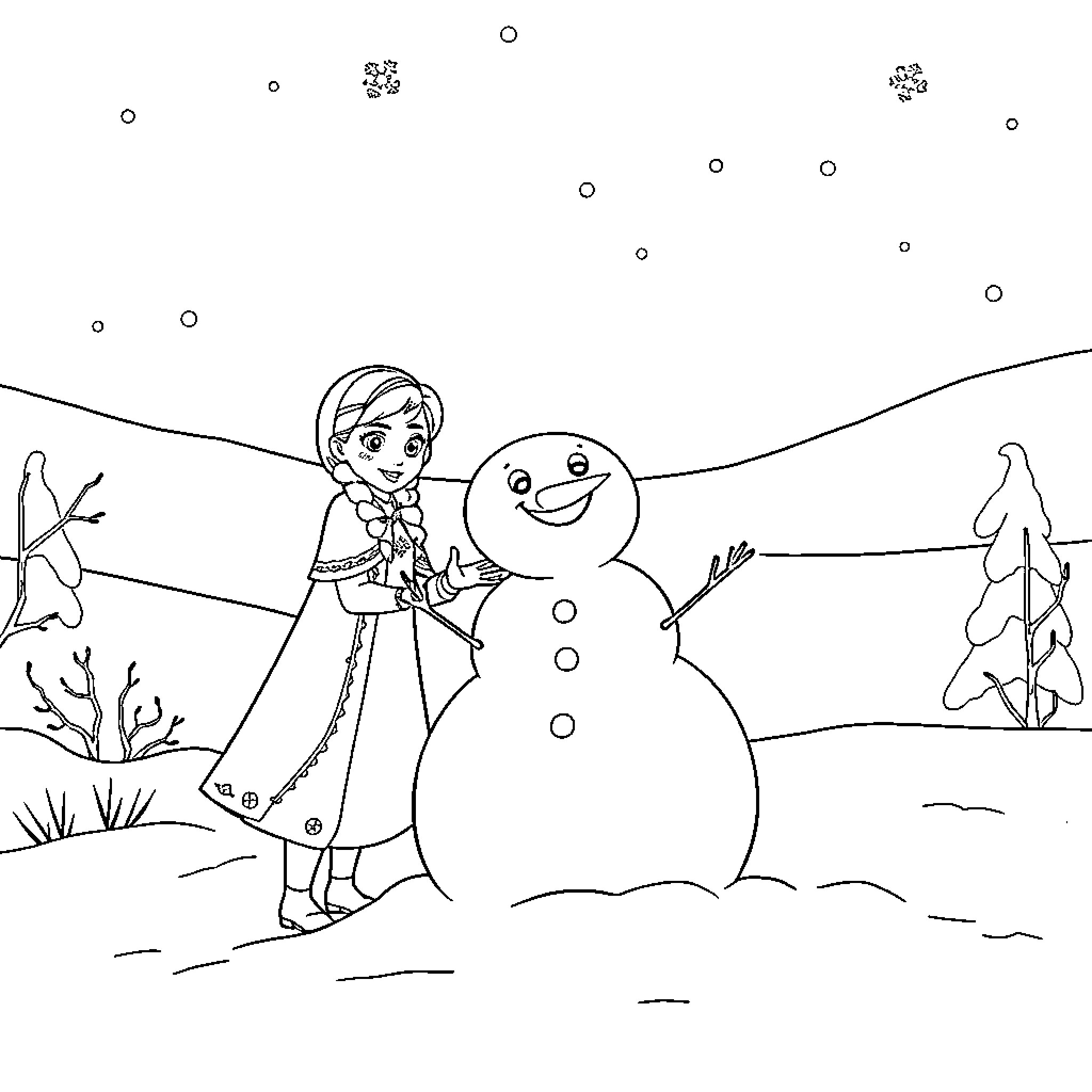Elsa and Anna building a snowman in winter wonderland Coloring Page (free black-and-white line drawing printable PDF for all, from beginners to advanced learners, including children, teens, adults, and seniors)