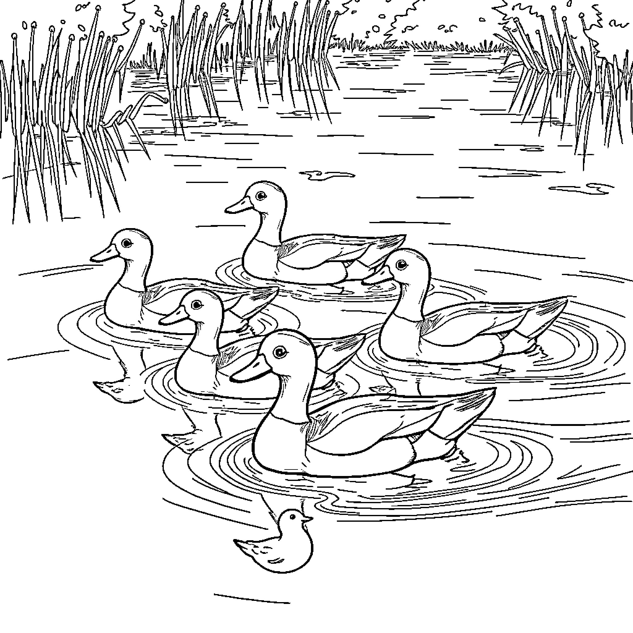 Duck family swimming in the pond Coloring Page (free black-and-white line drawing printable PDF for all, from beginners to advanced learners, including children, teens, adults, and seniors)