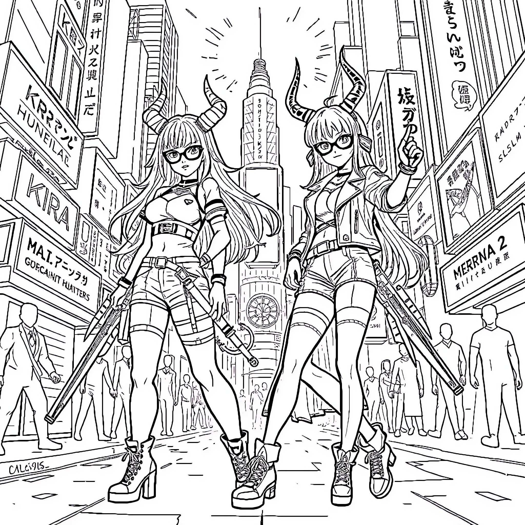 Mira's Adventurous Escapades in the Vibrant City Coloring Page (free black-and-white line drawing printable PDF for all, from beginners to advanced learners, including children, teens, adults, and seniors)