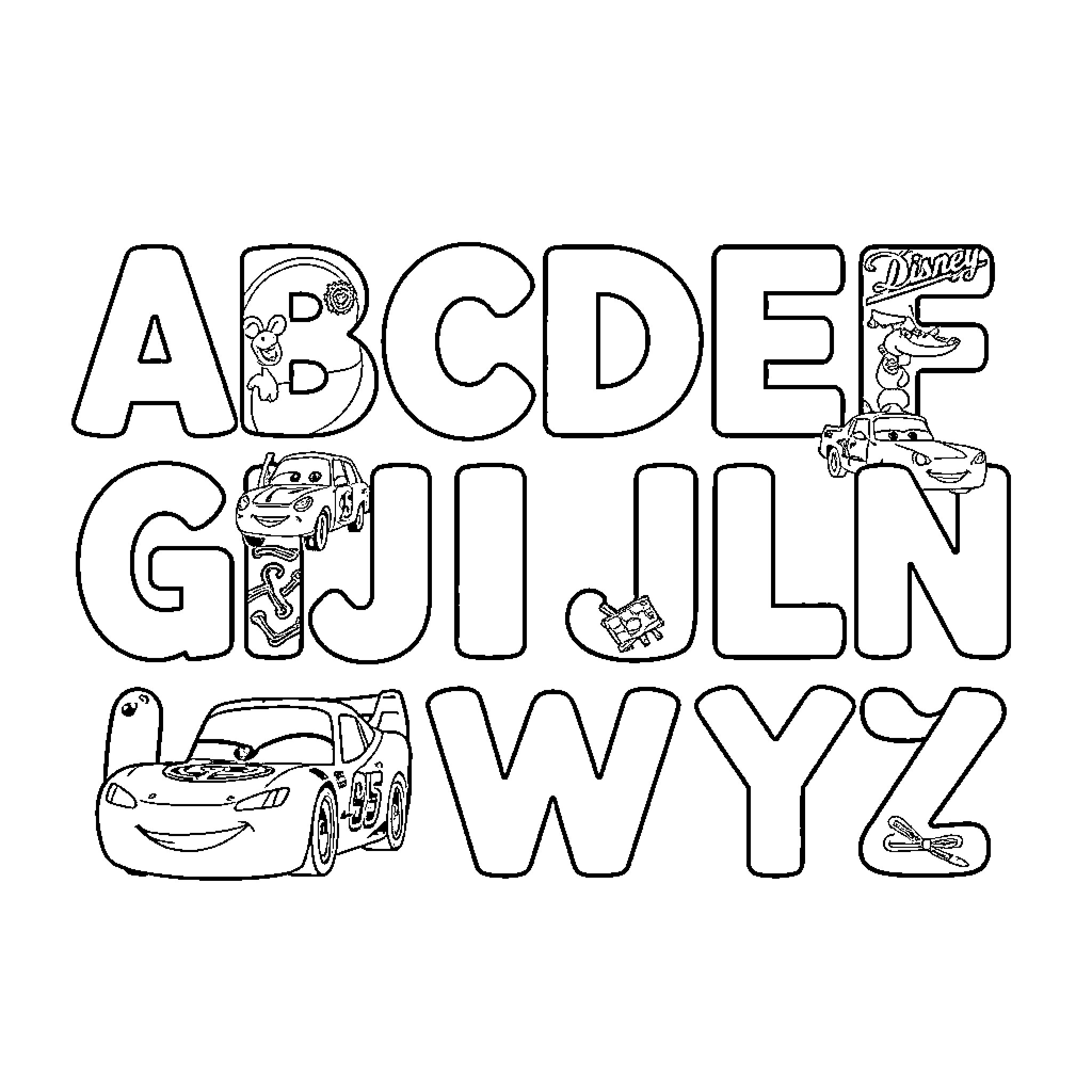 Car Characters Forming the Alphabet Coloring Page (free black-and-white line drawing printable PDF for all, from beginners to advanced learners, including children, teens, adults, and seniors)