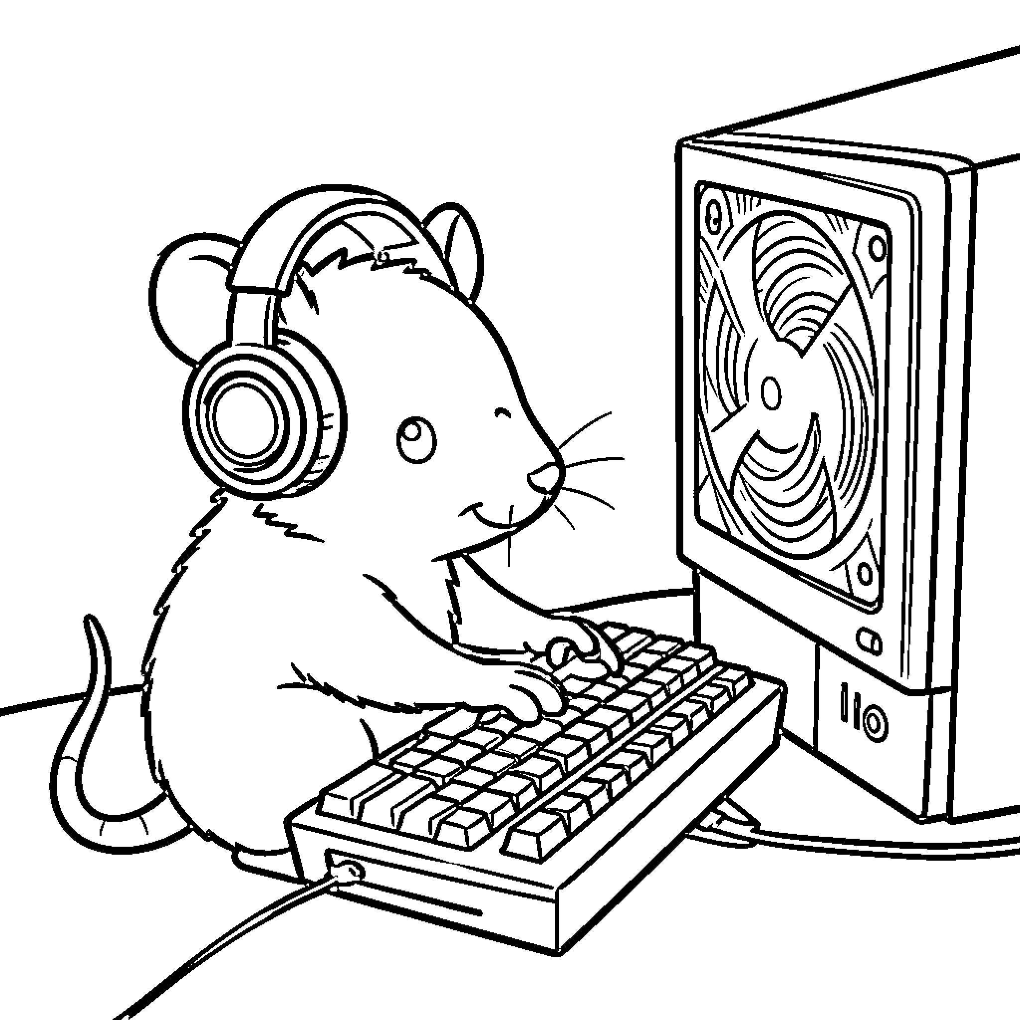 Gamer Rat Playing Intently on Computer Coloring Page (free black-and-white line drawing printable PDF for all, from beginners to advanced learners, including children, teens, adults, and seniors)