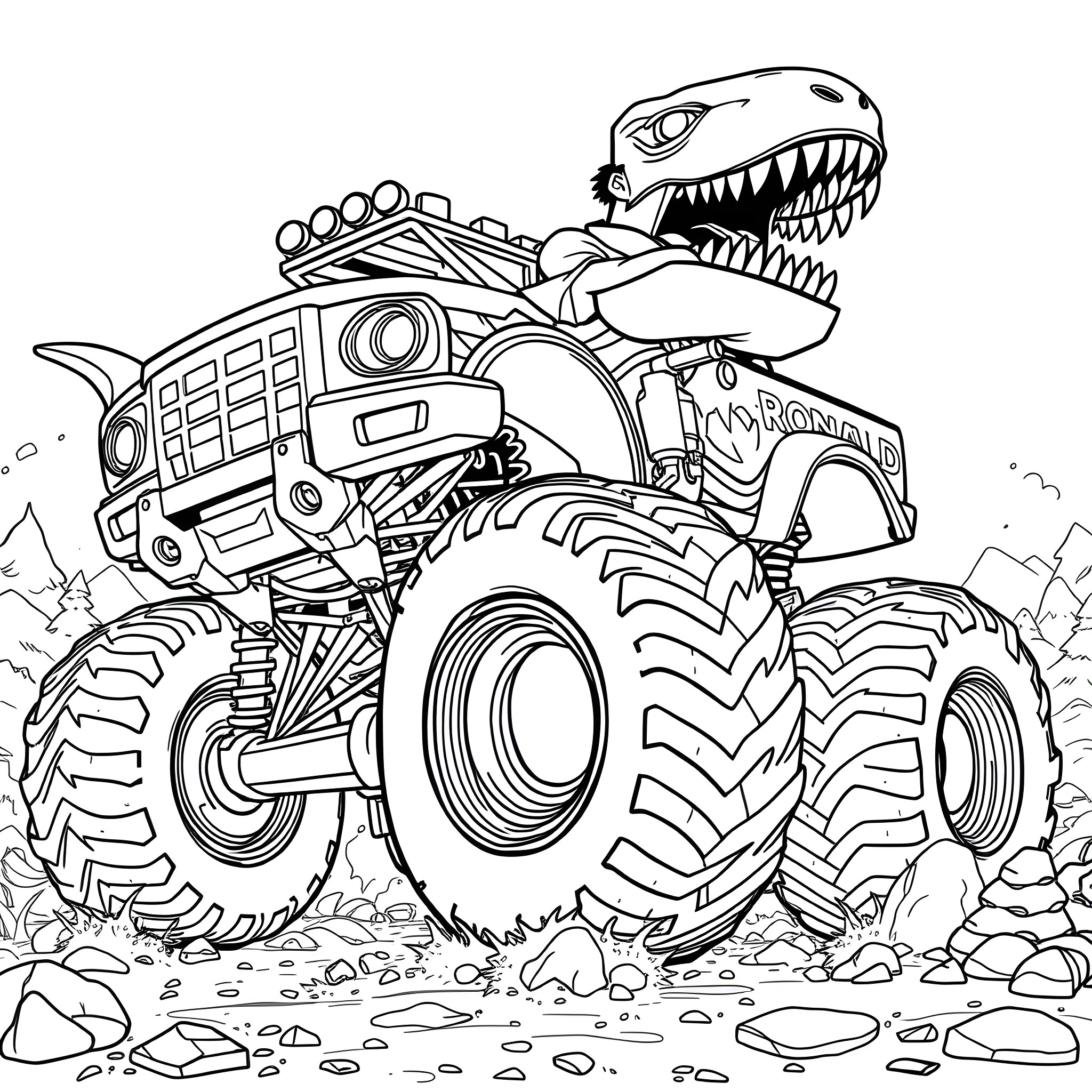 Megalodon Monster Truck Crushing Rocks Coloring Page (free black-and-white line drawing printable PDF for all, from beginners to advanced learners, including children, teens, adults, and seniors)