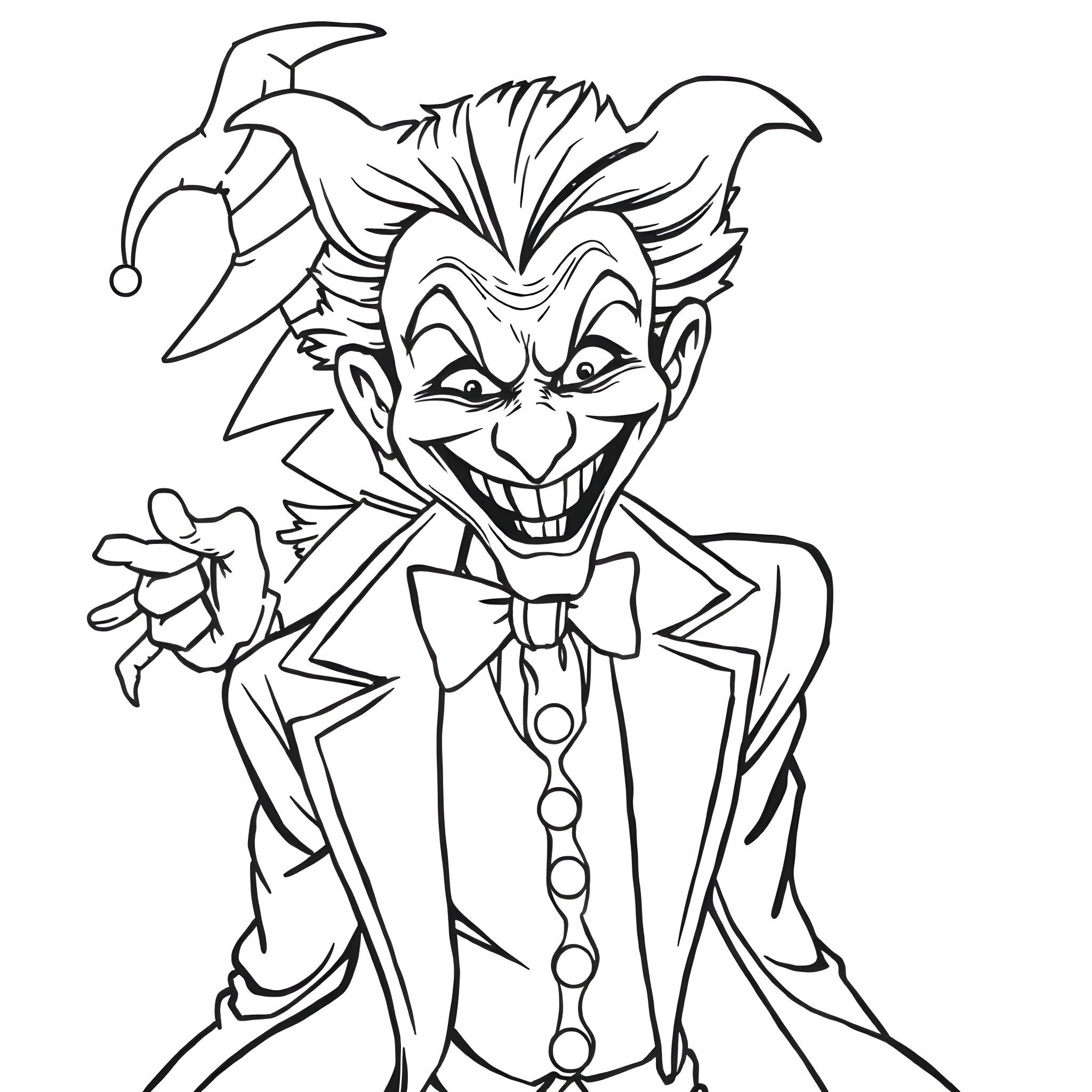 Joker's Mischievous Grin Coloring Page (free black-and-white line drawing printable PDF for all, from beginners to advanced learners, including children, teens, adults, and seniors)