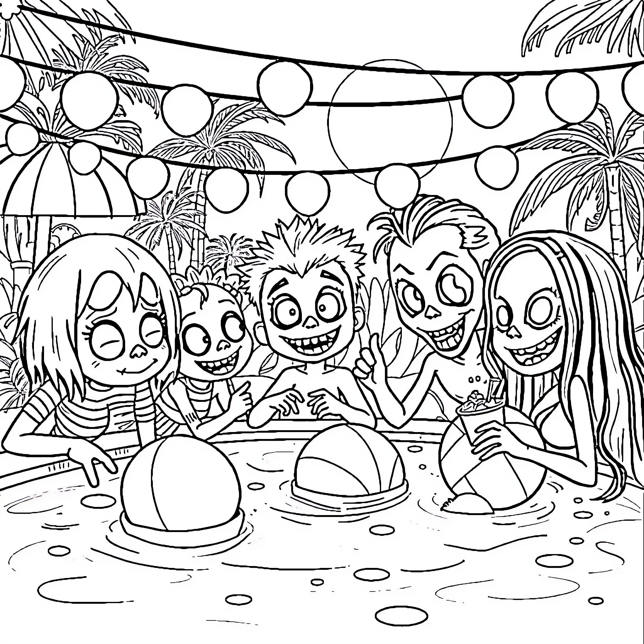 Cartoon Horror Characters Enjoying a Beach Party Coloring Page (free black-and-white line drawing printable PDF for all, from beginners to advanced learners, including children, teens, adults, and seniors)