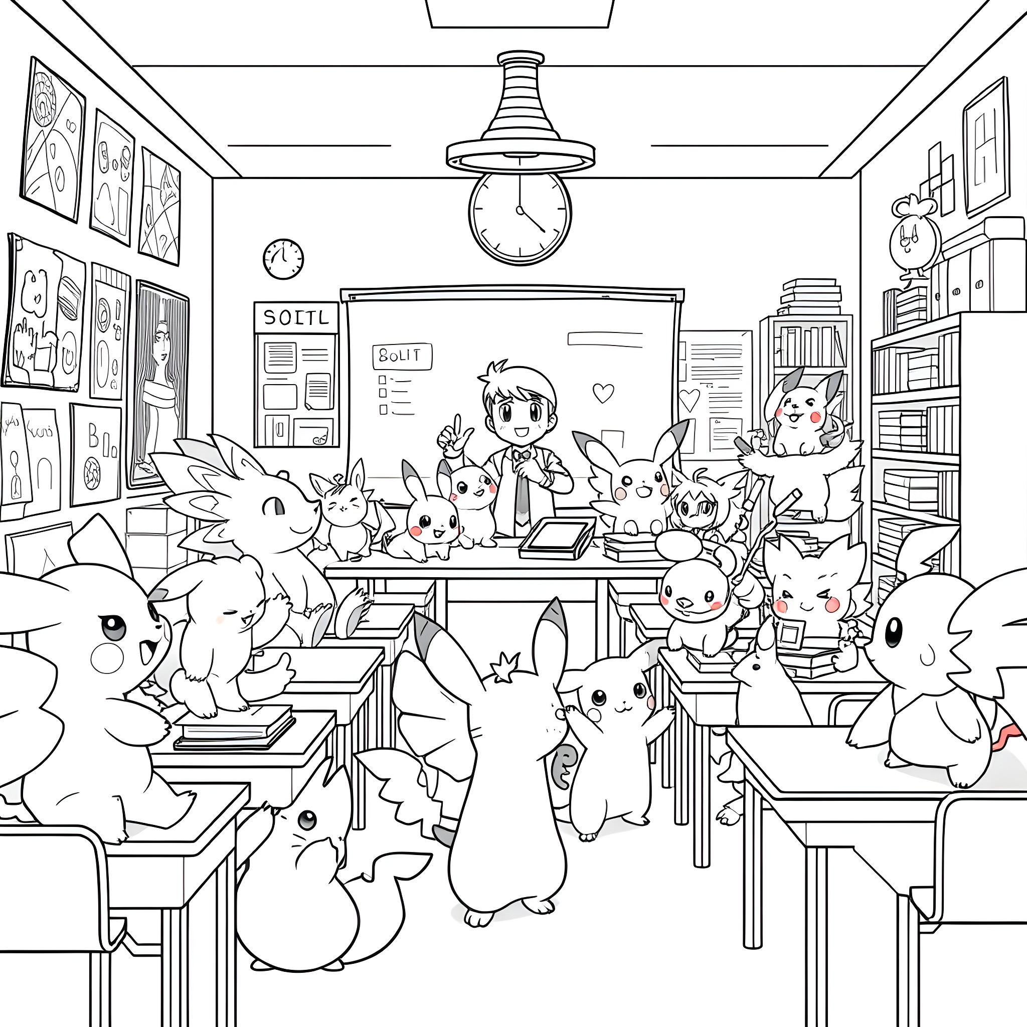 Pokémon characters in a classroom scene Coloring Page (free black-and-white line drawing printable PDF for all, from beginners to advanced learners, including children, teens, adults, and seniors)