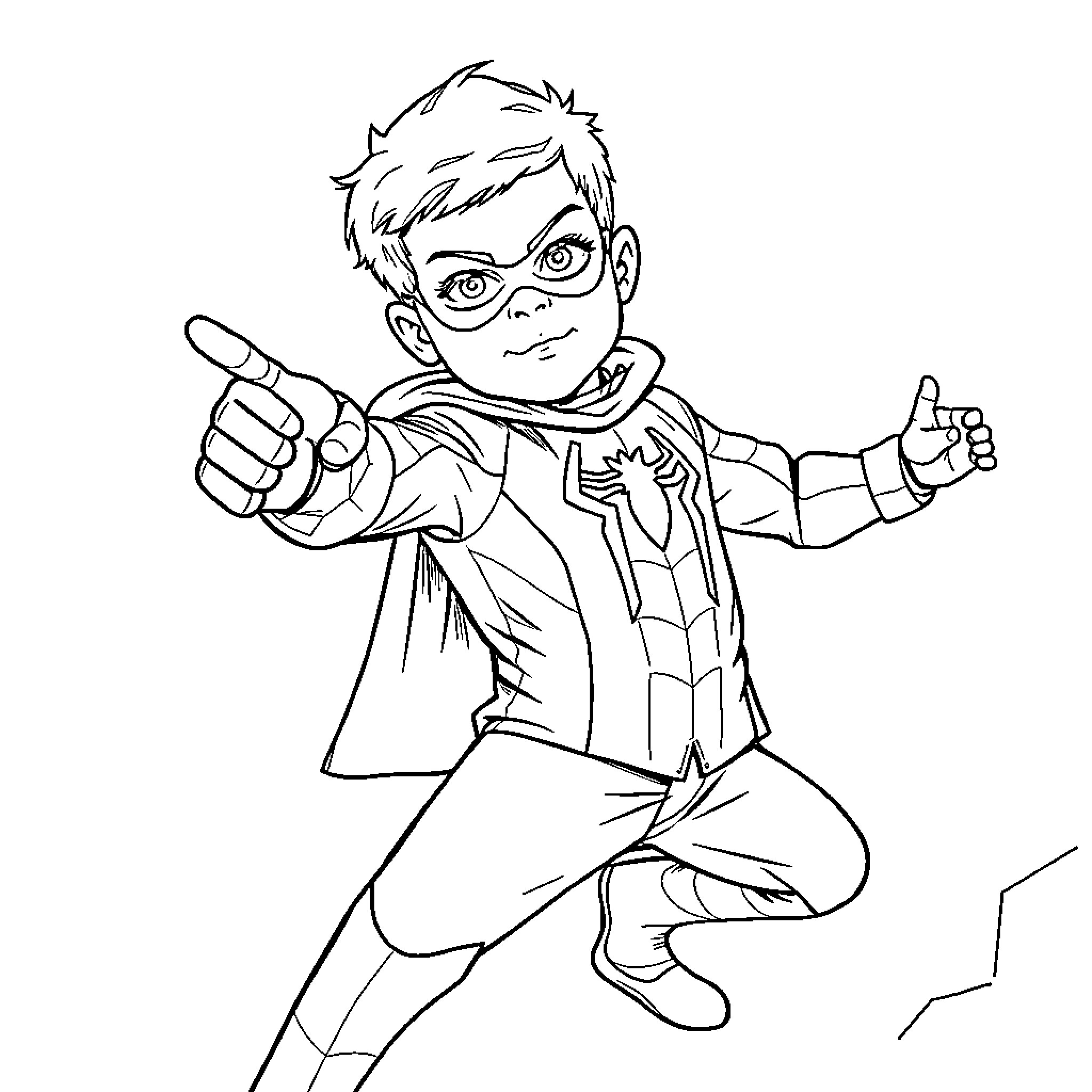 Spider-Man character posing with action Coloring Page (free black-and-white line drawing printable PDF for all, from beginners to advanced learners, including children, teens, adults, and seniors)