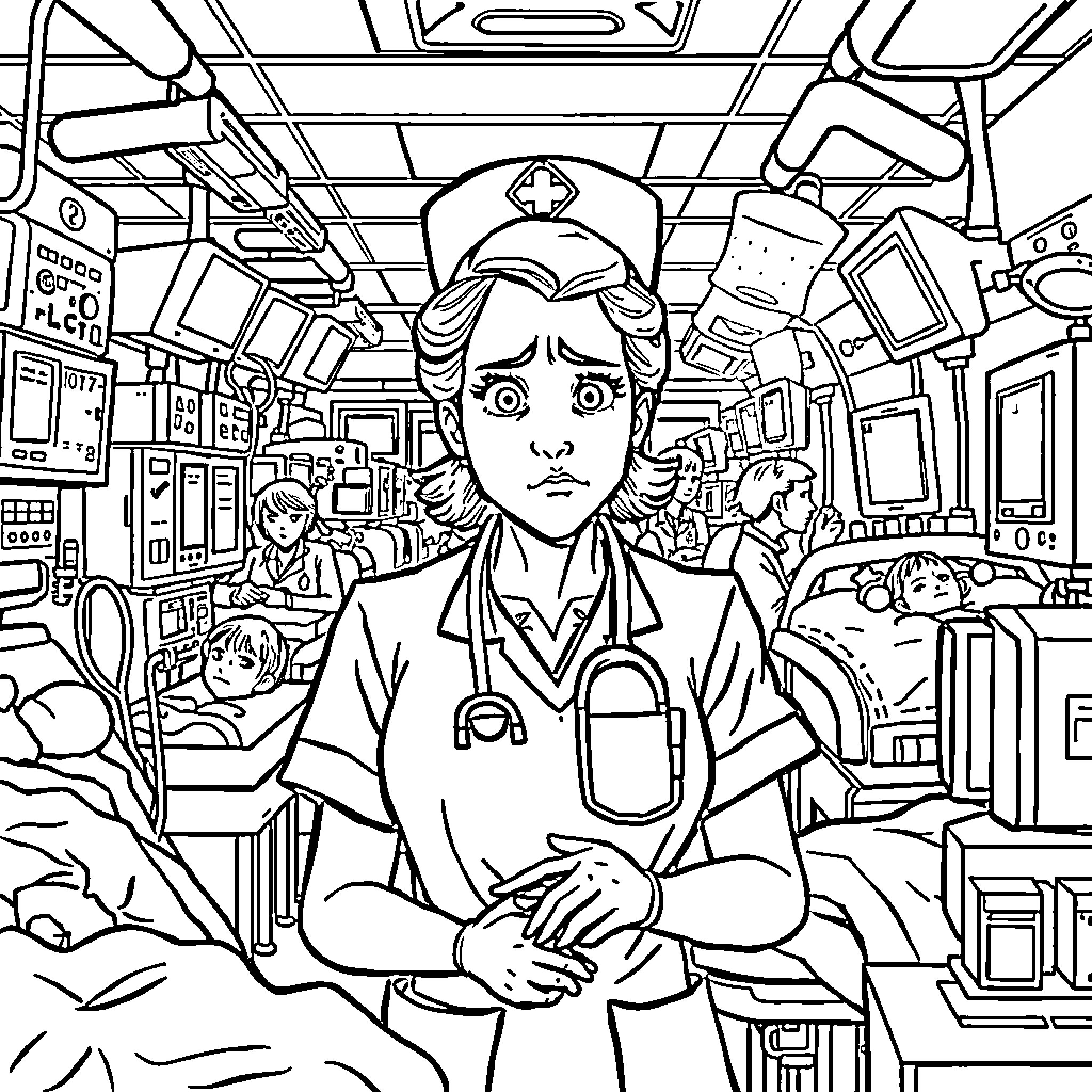 Nurse Caring for Patients in a Busy Hospital Scene Coloring Page (free black-and-white line drawing printable PDF for all, from beginners to advanced learners, including children, teens, adults, and seniors)