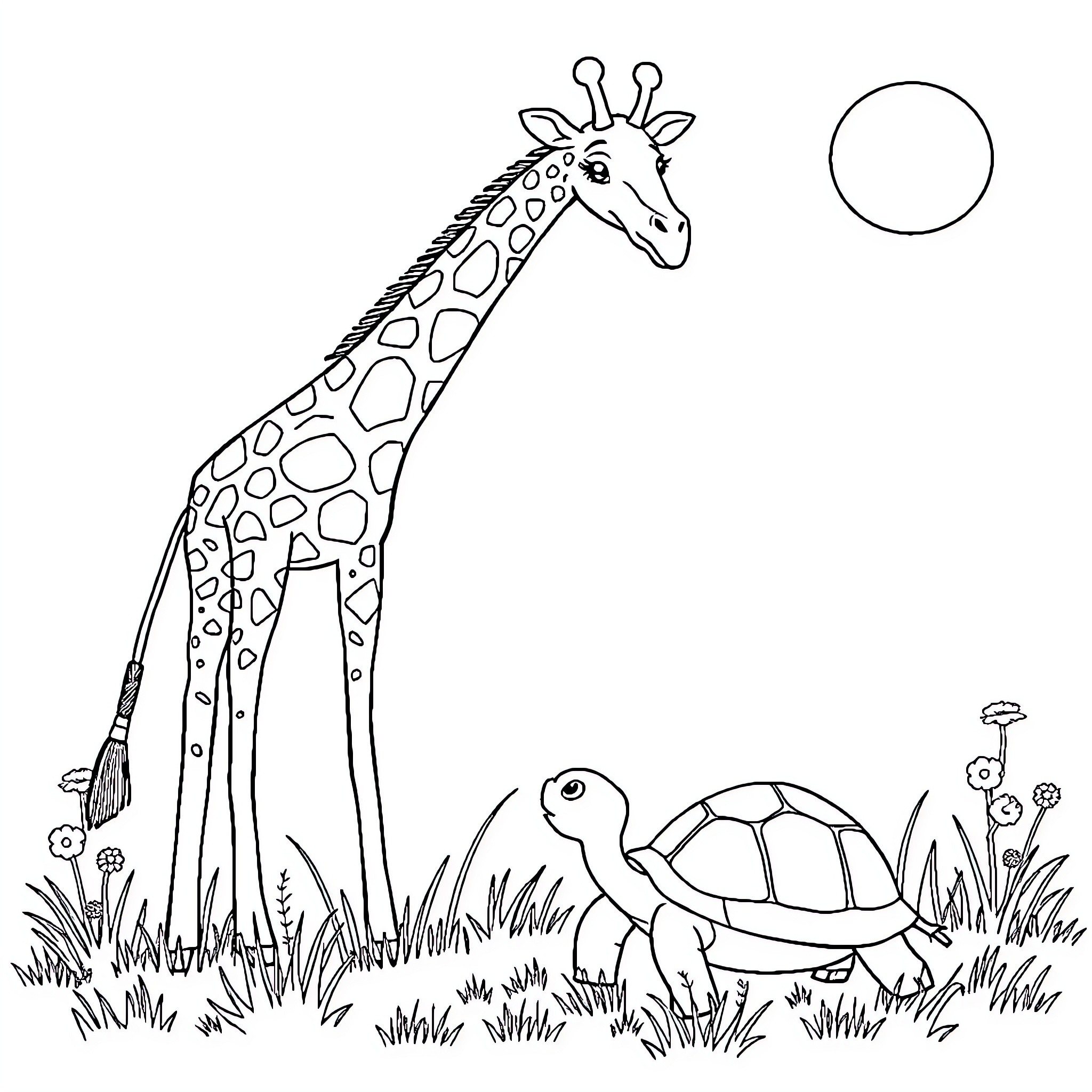 Giraffe observing a turtle in a grassy field Coloring Page (free black-and-white line drawing printable PDF for all, from beginners to advanced learners, including children, teens, adults, and seniors)